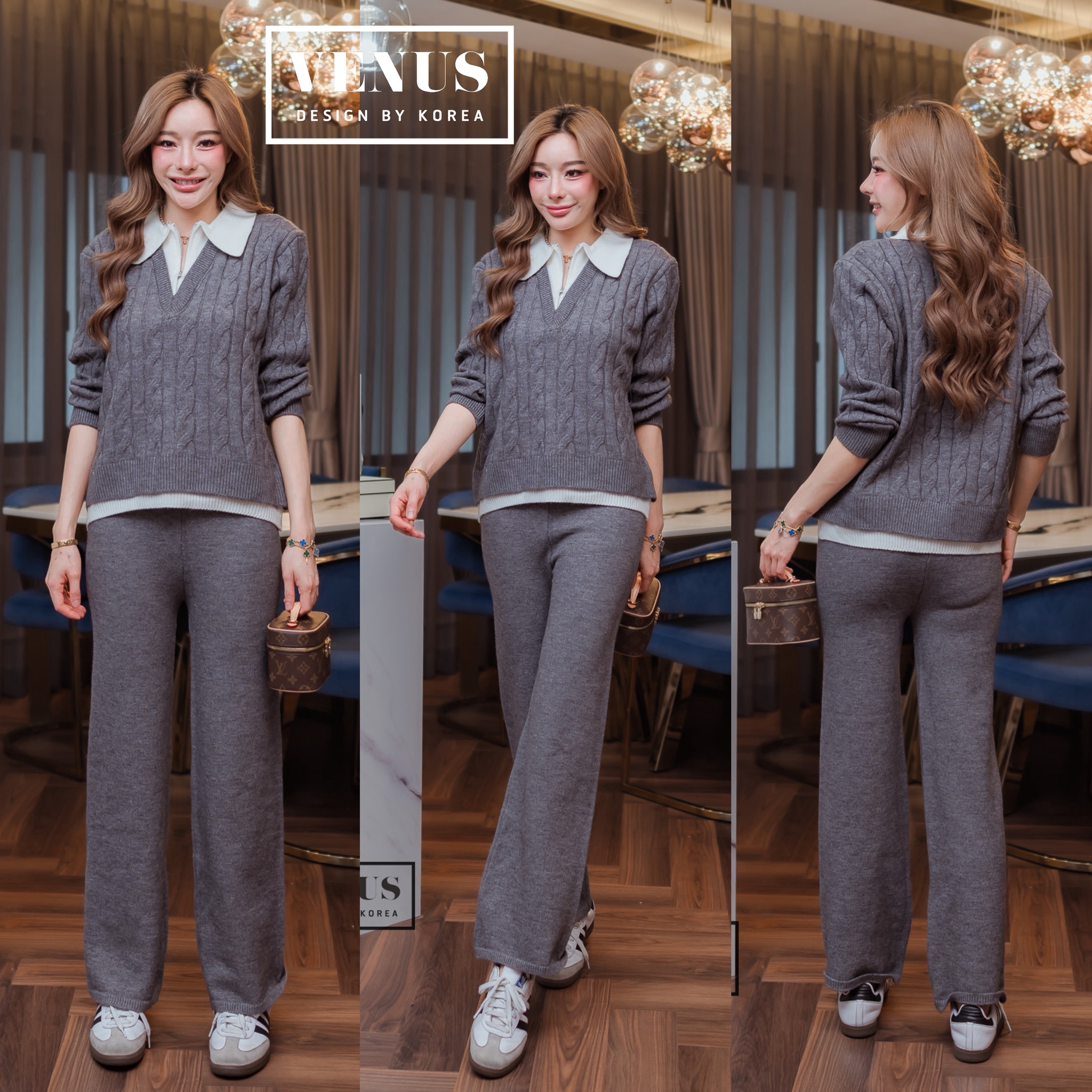 Knitting Set ชุดเซตผ้าทอ ตัวเสื้อเป็นคอปก แต่งซิปด้านหน้า แต่งสลับสีขาว งานมาพร้อมกับกางเกงเข้าชุดกันนะคะ แม๊ทกับรองเท้าผ้าใบก็น่ารักคะ