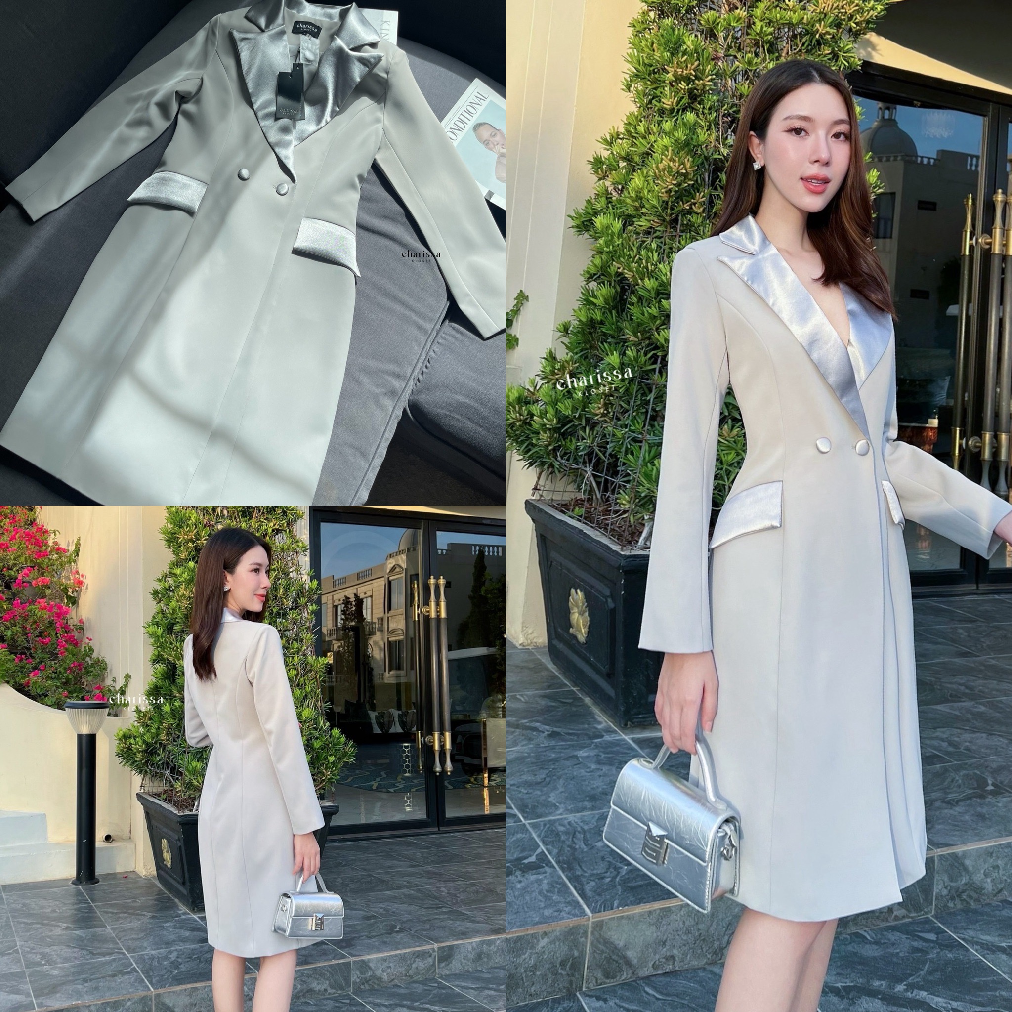 Dressuit ปกเงาทรงสอบ ผ้าดีมากก แพทเทรินซ์สวยอยู่ทรง ใส่ออกมาสวยเรียบหรูมากค่ะ เนื้อผ้าดี มีซับในทั้งชุด เป็นเดรสกระดุมหน้านะคะ กระเป๋าสามารถใช้งานได้จริง แต่งกระดุม 2 เม็ด ผ้าเดียวกับชุด