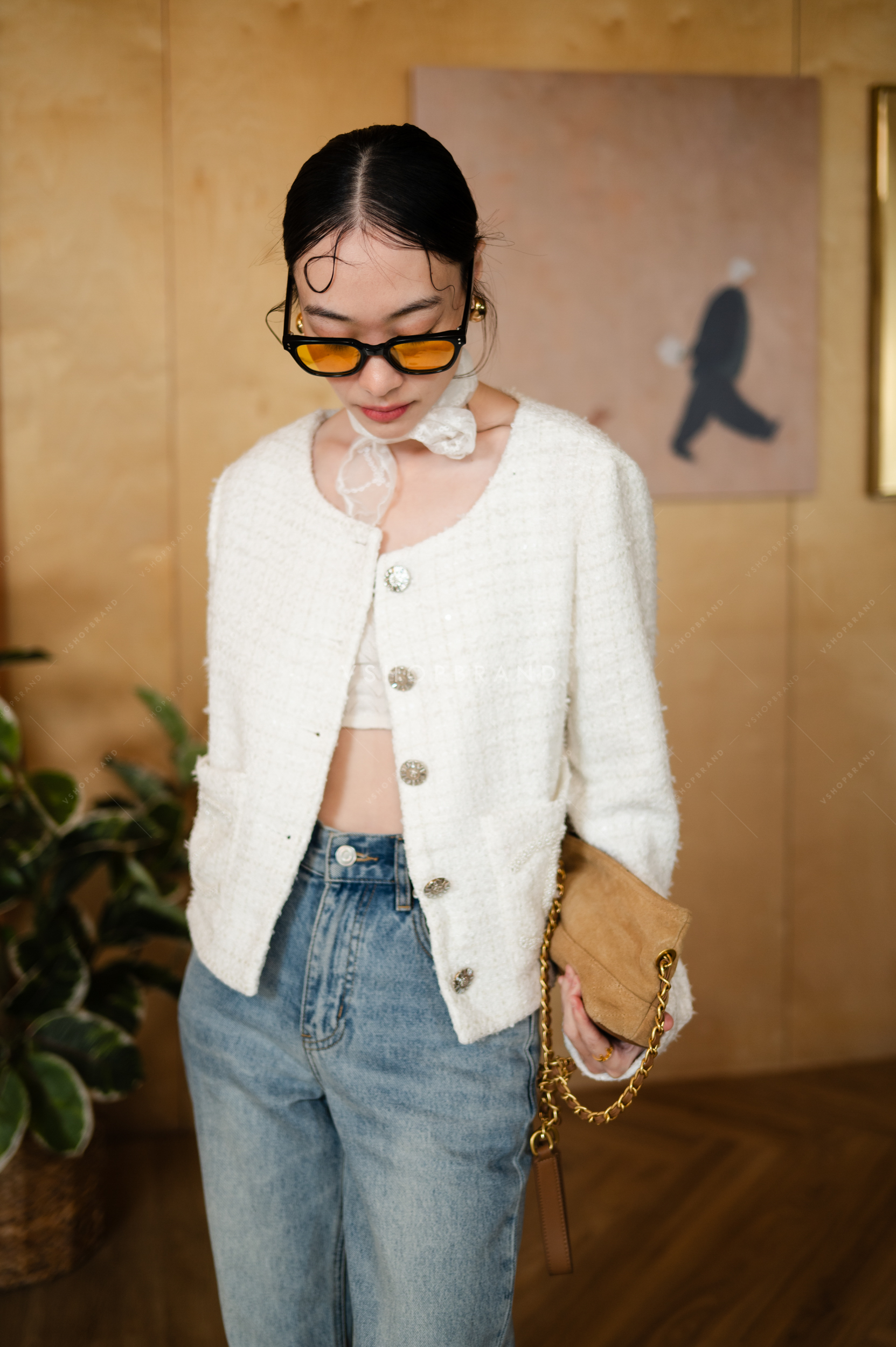 เสื้อคลุมผ้าทวิตกระดุมเพชร กระเป๋าหน้าปักไข่มุก