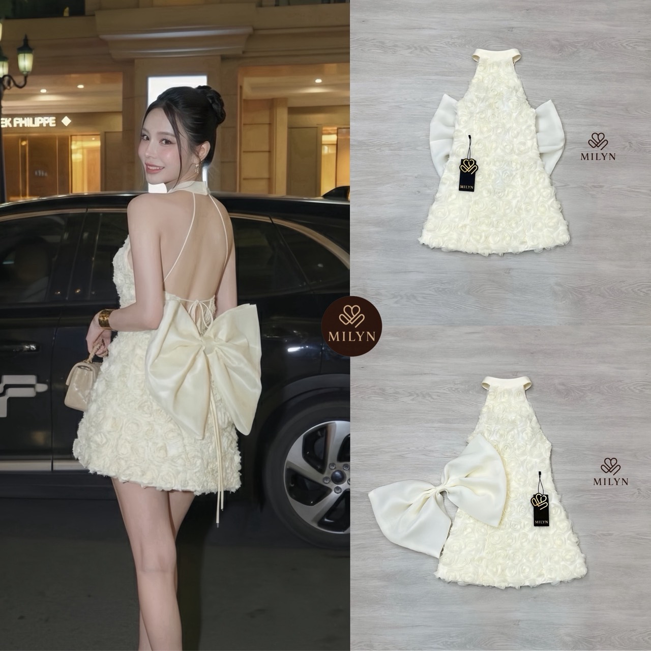 มินิเดรสแต่งดอกกุหลาบทั้งตัว ดีเทลเนื้อผ้าแบบ 3D ทำให้ชุดดูโดดเด่นมากขึ้น คอฮัลเตอร์ช่วยเสริมลุคให้ดูเพรียวและหรูขึ้นไปอีกขั้น ด้านหลังเปิดหลังสวย พร้อมโบว์ใหญ่สุดละมุนเป็นไฮไลต์ของชุด ใส่แล้วน่ารักปนความหวานแบบผู้ดีมากกกก 💙 ตัวเดรสทรงสวย