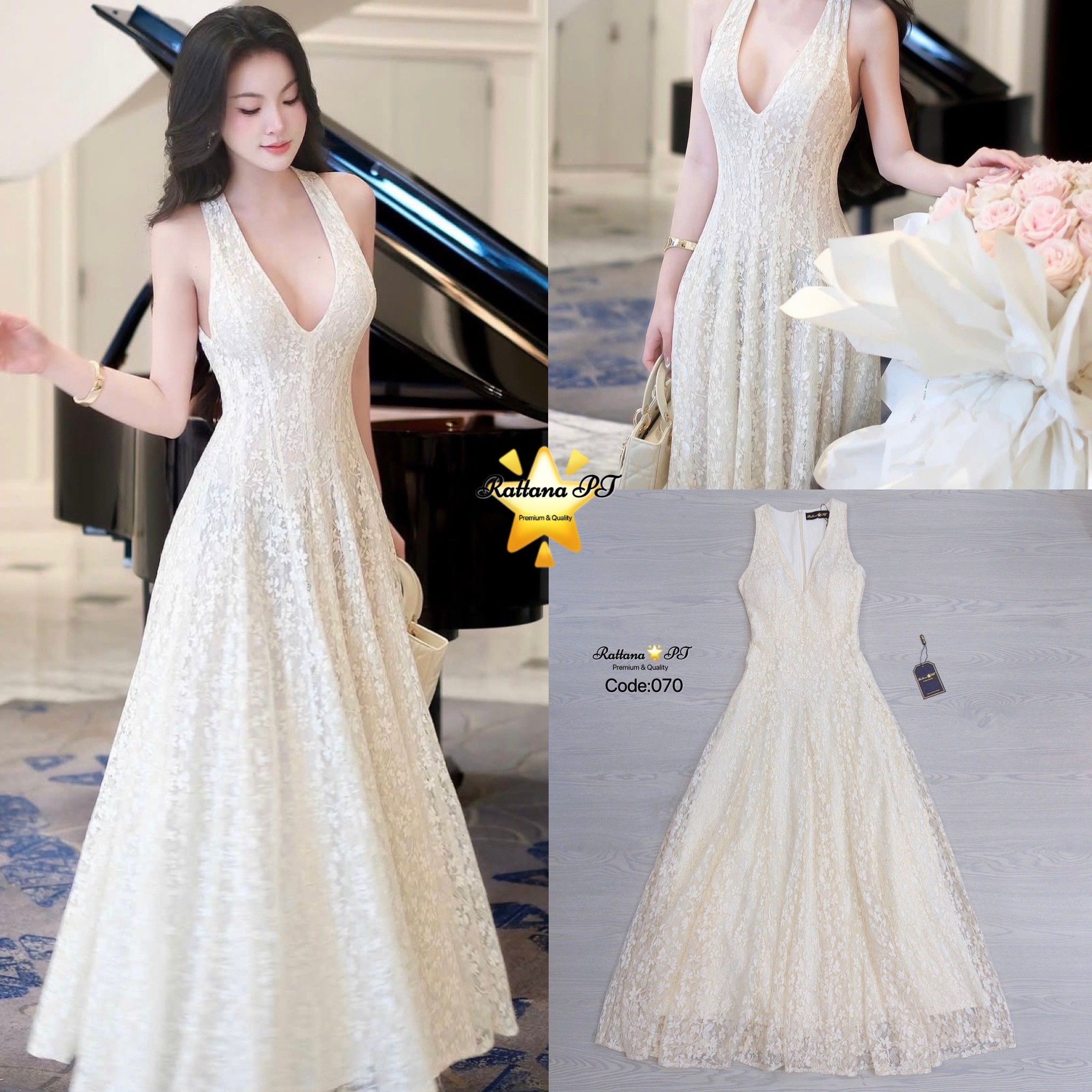 :เดรสยาวลูกไม้ทั้งชุด ทรงสวยมาก ละมุนที่สุด รียบหรูดูดี จะใส่ออกงาน ออร่าพุ่ง สวยเด่นกว่าใคร ใส่แล้วดูงามสง่า เนื้อผ้าดีมากชุดมีซับใน หน้าอกมีฟองน้ำ มีซิบด้านหลัง