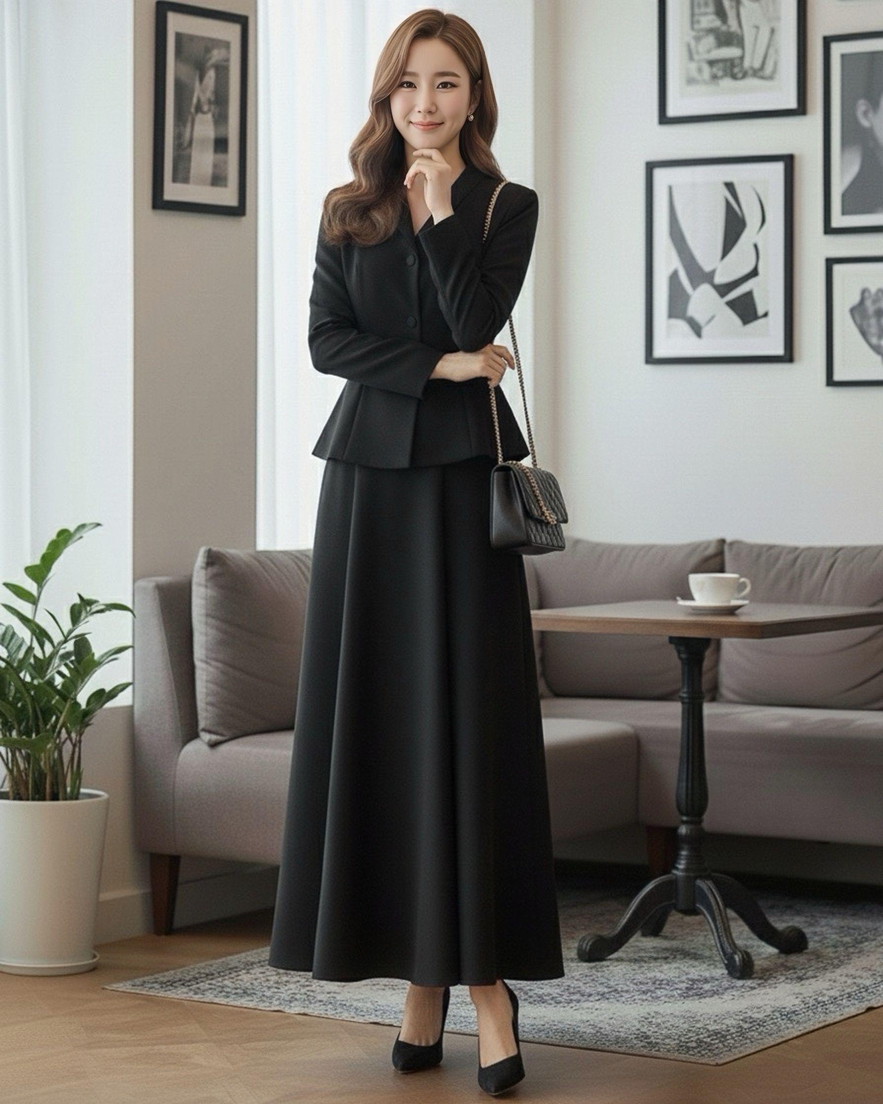เซต 2 ชิ้น ชุดสุภาพสีดำล้วน เสื้อคอวีแขนยาว กระดุมสีดำด้านหน้า เอวเข้ารูป มากับกระโปรงยาวบานสีดำมีจีบกระโปรง ดูสุภาพเรียบร้อยมาก
