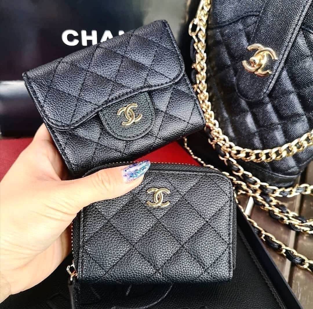 กระเป๋าสตางค์ใบสั้นซิปรอบเรียบรหรูดูแพงแบรนด์เนมชาแนลพรีเมี่ยมกิ๊ฟ Chanel Premium gift-หนังคาเวียร์สีดำอะไหล่ทอง