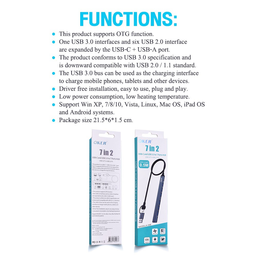 H-348 OKER USB 3.0+TYPE-C 7in2 HUB +7 PORTS HB-7P-OK-H348G