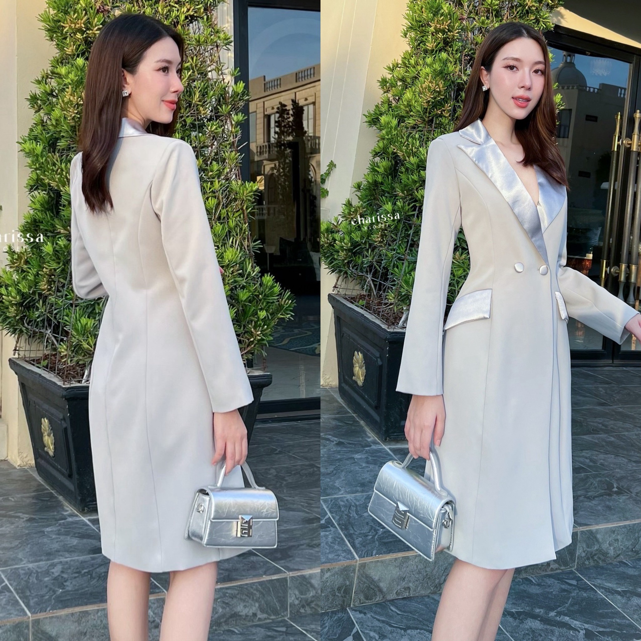 Dressuit ปกเงาทรงสอบ ผ้าดีมากก แพทเทรินซ์สวยอยู่ทรง ใส่ออกมาสวยเรียบหรูมากค่ะ เนื้อผ้าดี มีซับในทั้งชุด เป็นเดรสกระดุมหน้านะคะ กระเป๋าสามารถใช้งานได้จริง แต่งกระดุม 2 เม็ด ผ้าเดียวกับชุด
