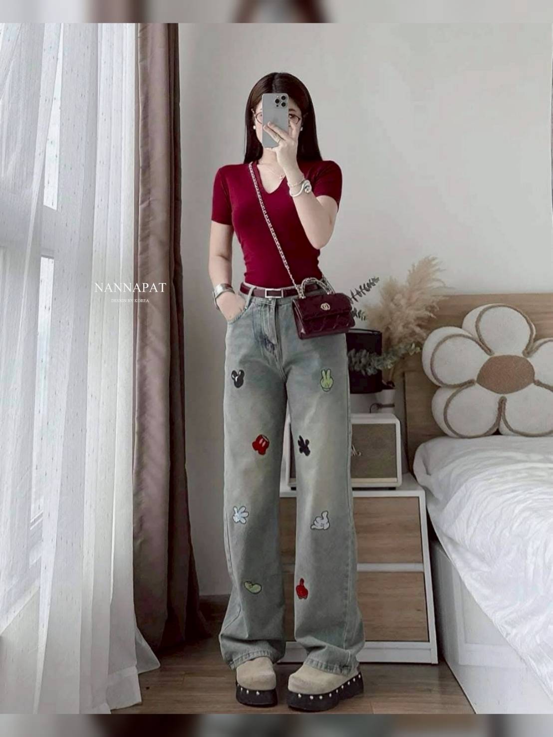 SET 3 ชิ้น เสื้อผ้ายืดนุ่ม +กางเกงผ้ายีนส์แท้ฟอกซีด ทรงสวย +เข็มขัดด้วย