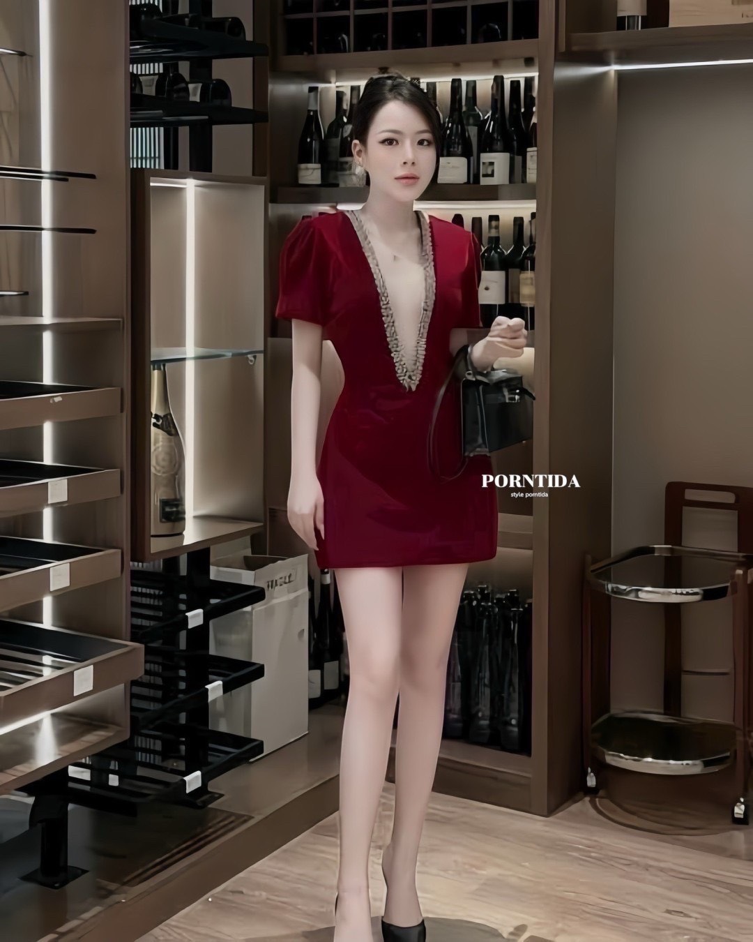 ชุดเดรสสีแดงงานเรียบหรู detail แต่งรายละเอียดปักตรงบริเวณคองานรุ่นนี้เป็นผ้ากำมะหยี่เรียบหรูสวยแบบผู้ดีมาก