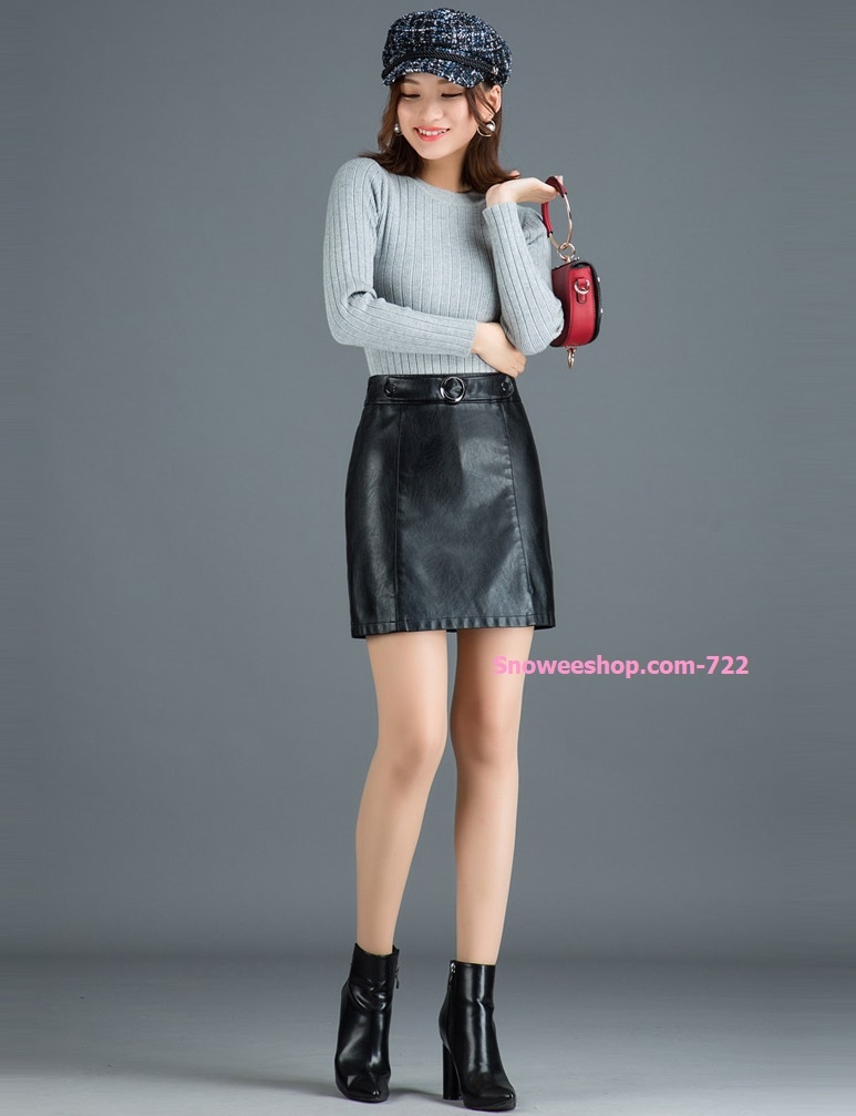 กระโปรงสั้นหนัง PU หนังหนาสีดำ สีน้ำตาล กันลมกันหนาว