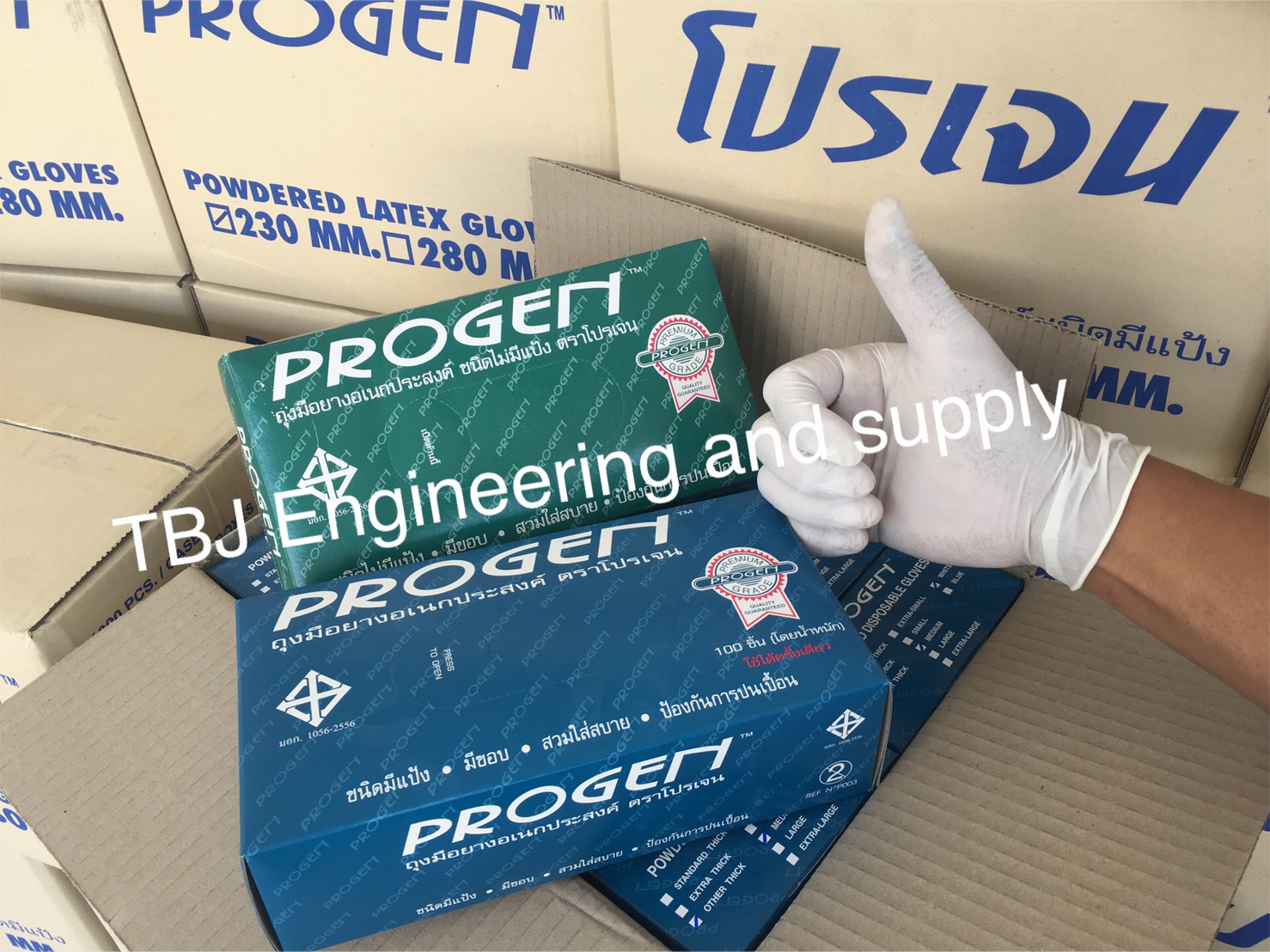 ถุงมือแพทย์ ถุงมือยาง แบบมีแป้ง Brand : Progen
