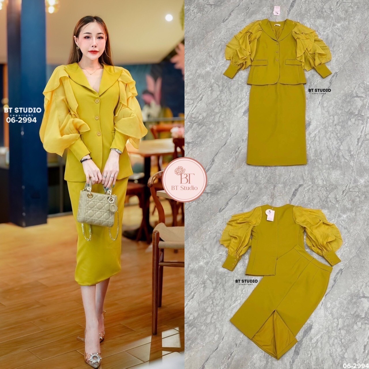 เซท 2 ชิ้น เสื้อเบเซอร์แขนยาวคอปก ช่วงแขนแต่งผ้าระบายสบัดพริ้ว ๆ ดีไซส์กระดุมหน้า 3 เม็ด กระเป๋าหน้าใช้งานได้จริง แมทซ์กับกระโปรงยาวคลุมเข่า ผ่าหลัง งานสวยเนื้อผ้าดี คัตติ๊งเป๊ะ มีซับในจ้าา