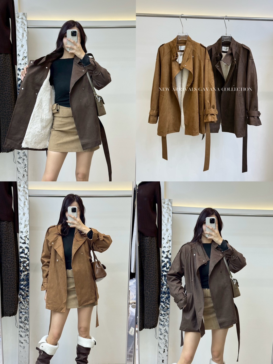 แจ็คเก็ตกันหนาวหนังกลับแขนยาว มาพร้อมเข็มขัด ✔ ดีเทลคอปีน ด้านในบุขนกันหนาว มีกรพเป๋าล้วงข้าง