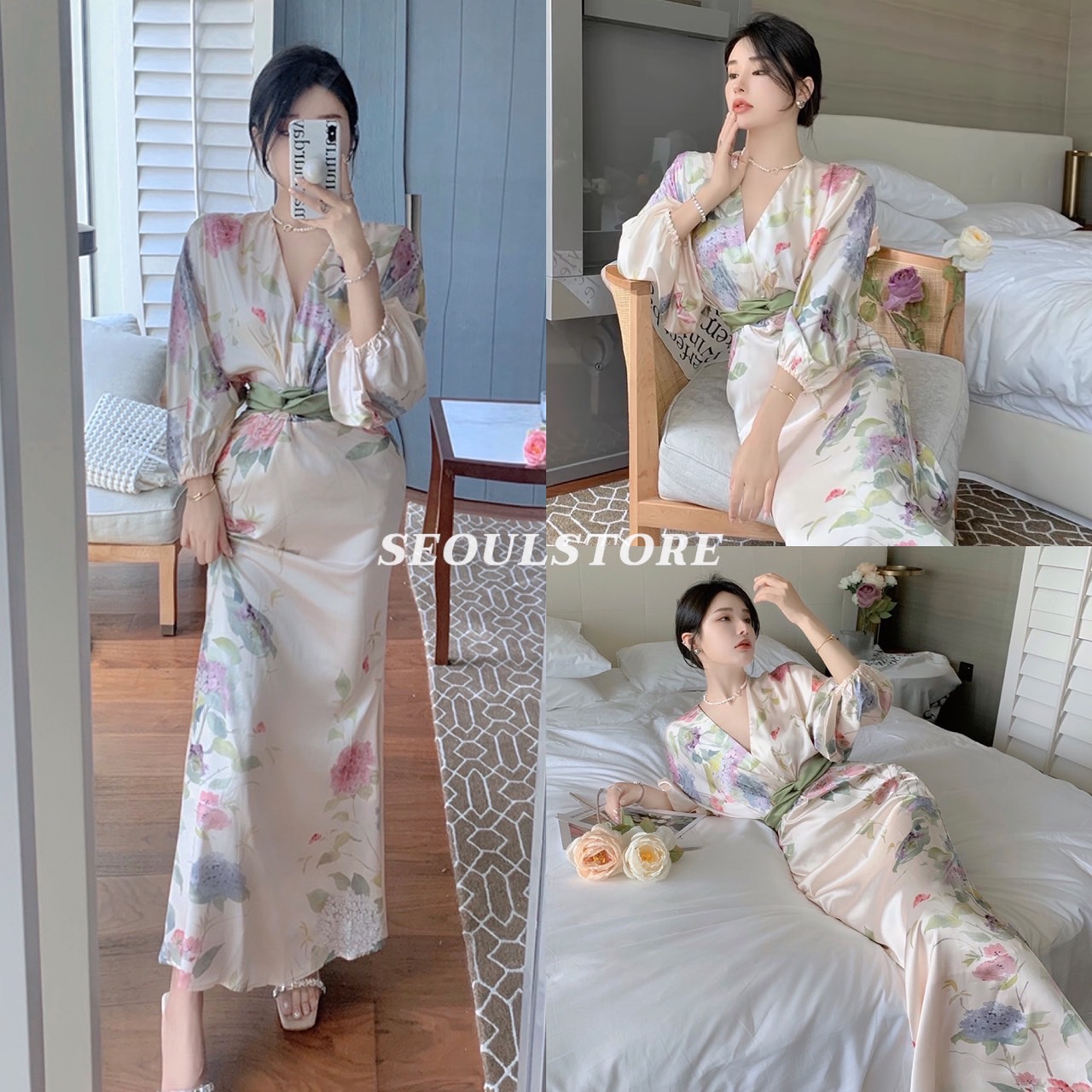 เดรสยาว ผ้าซาตินสีครีมปริ๊นลายดอก คอวีเว้าลึก แขนทรงค้างคาวปลายจั้ม ซิปซ่อนหลัง ชุดดีไซส์ทรงกิโมโนสาวญี่ปุ่น สวยหวานน่ารักมากๆคะ งานนำเข้า Premium Qualityคั๊ตติ๊งเนี๊ยบคุณภาพดีใส่สวยกระชับ