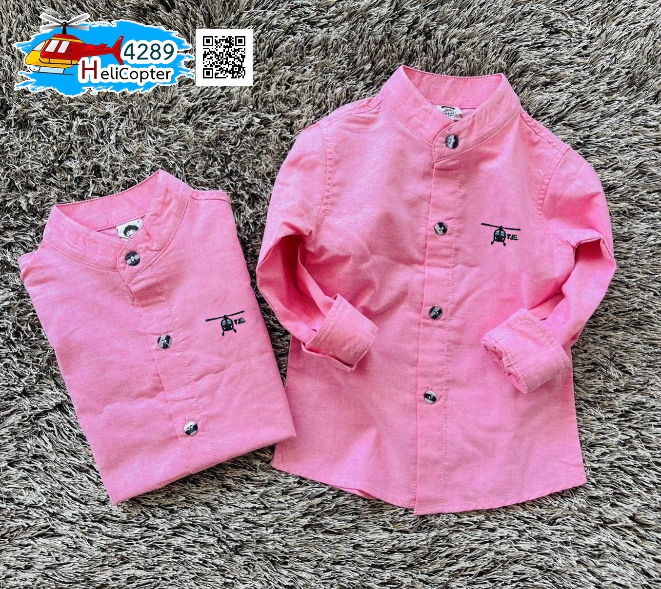 HC เสื้อเชิ้ต แขนยาว ปักคอปเตอร์ สีชมพู คอจีนเด็ก 8 เดือน - 8 ขวบ