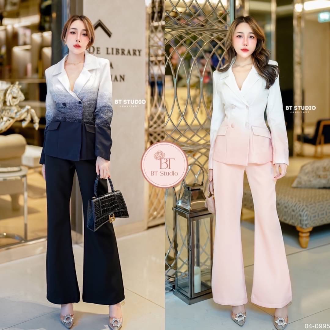 เซท 3 ชิ้น เสื้อเบเซอร์แขนยาวคอปกแต่งไล่สีจากสีพื้นไปอีกสี แต่งกระดุม 4 เม็ด แมทซ์กับกางเกงขายาวกระเป๋าใช้งานได้จริง งานสวยเนื้อผ้าดี มีซับใน ชุดนี้ luxury คร้าา