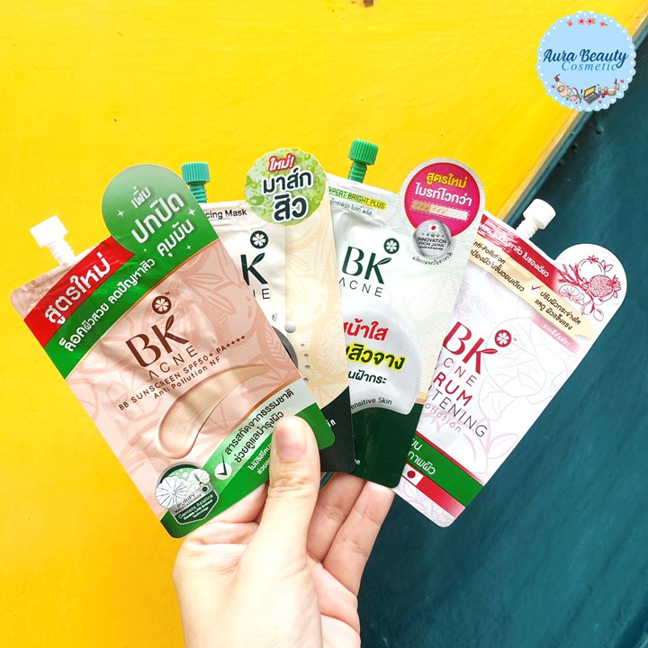 Bk acne ครีมซอง 4 สูตร ครีมรอยสิว/มาส์ก/เซรั่ม/บีบี/รองพื้นบีบี/บูสเตอร์เซรั่ม 4g 1ซอง