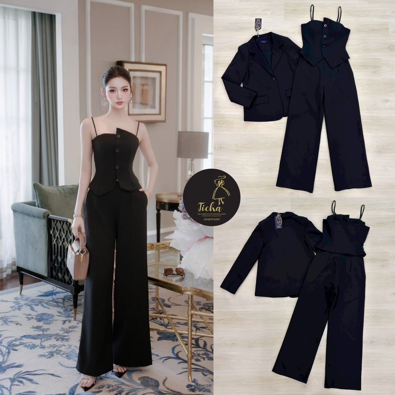 Ticha 👗👗Detail :Set 3ชิ้น เสื้อสูทแขนยาวคอปกสีดำ กระดุมหน้ากลางลำตัวหนึ่งเม็ด กระเป๋าหน้าใช้งานได้จริง ช่วงไหล่เสริมฟองน้ำ มาพร้อมเสื้อคอปสายเดี่ยวกระดุมหน้า อกเสริมฟอง ใส่แมทส์กับกางเกงขายาวมีเดียวกัน กระเป๋าข้างใช้งานได้จริง มีซิปหลังชับ