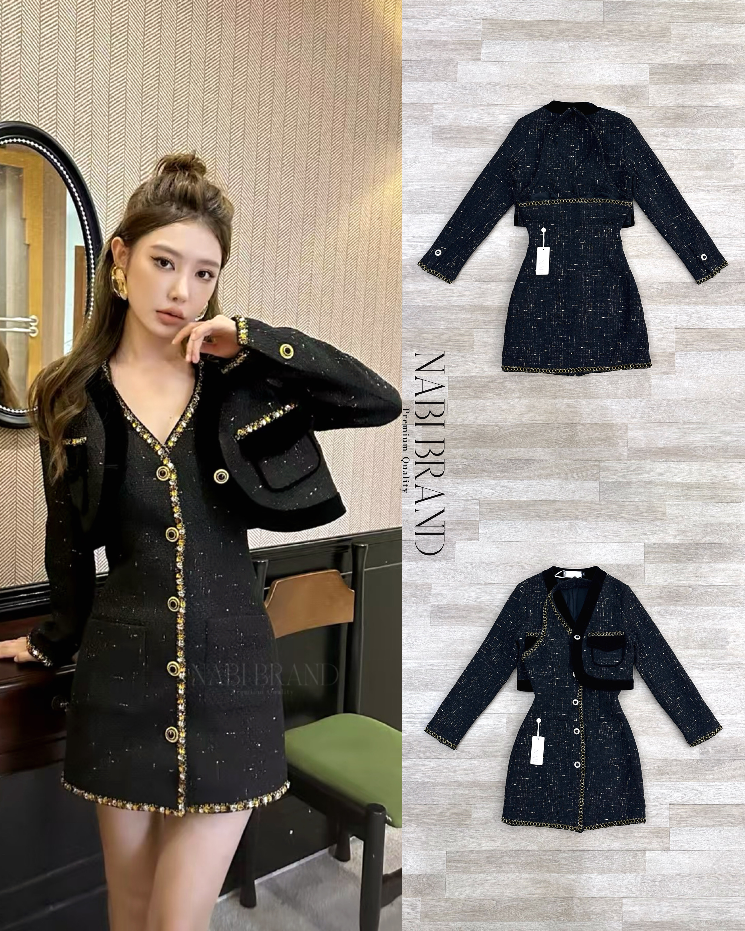 Set 2 ชิ้น เสื้อสูทคลุม มาคู่กับ เดรสคล้องคอเปิดหลัง ผ้าทวิตหนาอย่างดี งานขึ้นห้าง มีช่องกระเป๋าใช้งานได้จริง เดรสมีฟองน้ำ ทั้งชุดมีซับในมาให้ ชุดเดรสงานกระดุมหน้า ชุดนี้ดีเทลจึ้งๆมากค่ะ จะใส่แค่เดรส หรือสวมเสื้อคลุมไปด้วย ก็หรูเลิศคุณภาพคุ้มเกินราคา ห้าม