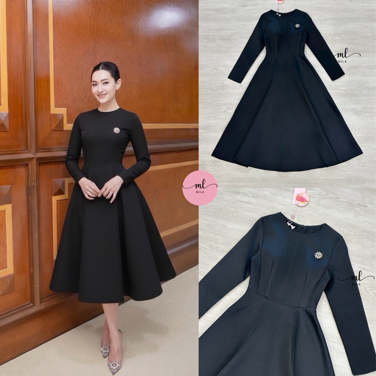 เดรสดำแขนยาวทรงสุภาพ เรียบหรูดูแพง ✨ ดีไซน์คอกลมเรียบ สไตล์มินิมอลแต่สง่างาม กระโปรงทรงบานเข้ารูปช่วงเอว ช่วยพรางหุ่นและเสริมรูปร่างให้ดูเพรียว ผ้าหนานุ่มทรงสวย อยู่ทรงดี ไม่บาง ไม่แนบเนื้อ