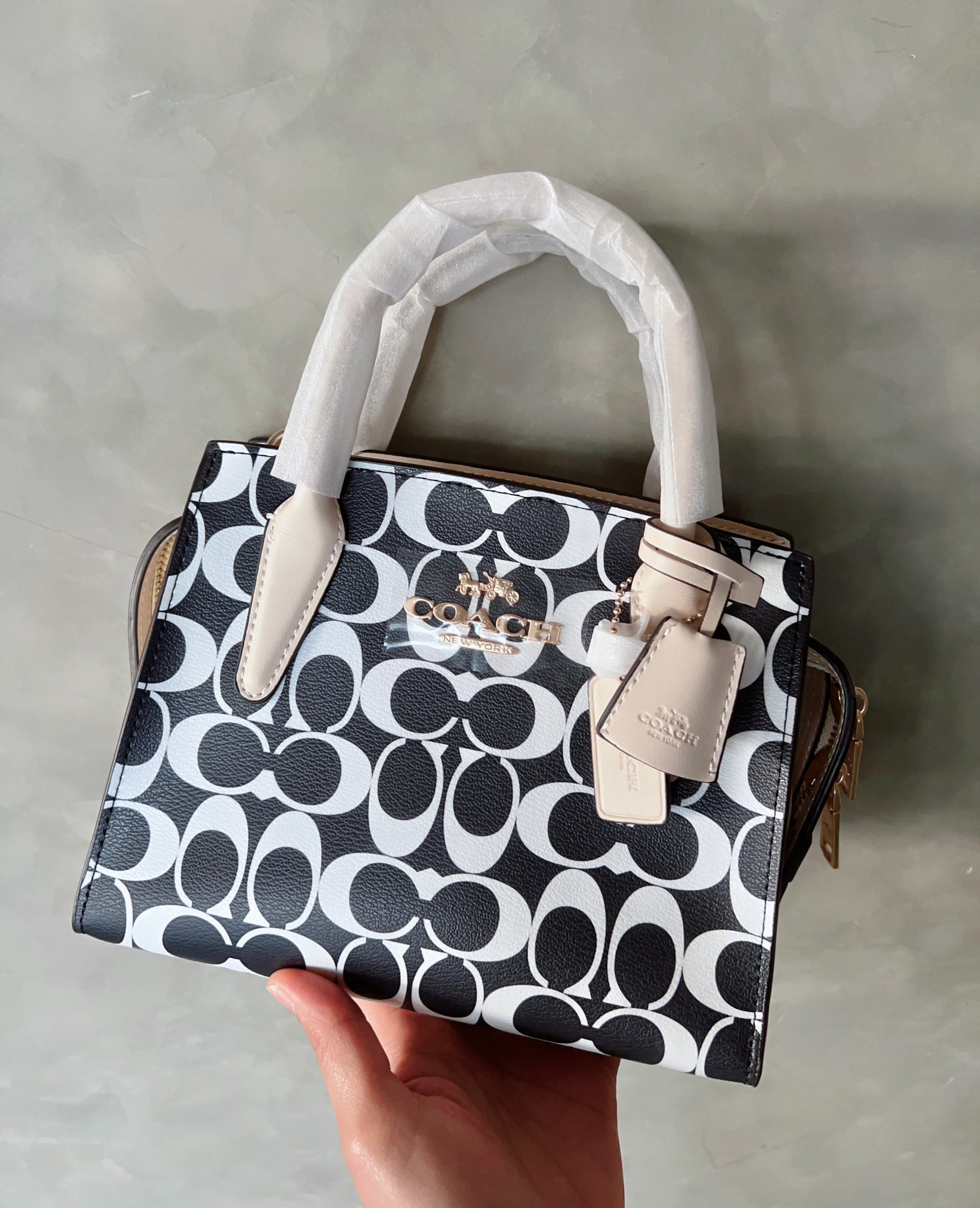 กระเป๋าาะพายไฮโซแบรนด์เนมโค้ชสีดำหนังแท้ขนาด 8 5 นิ้ว COACH ANDREA CARRYALL BAG((CP080))