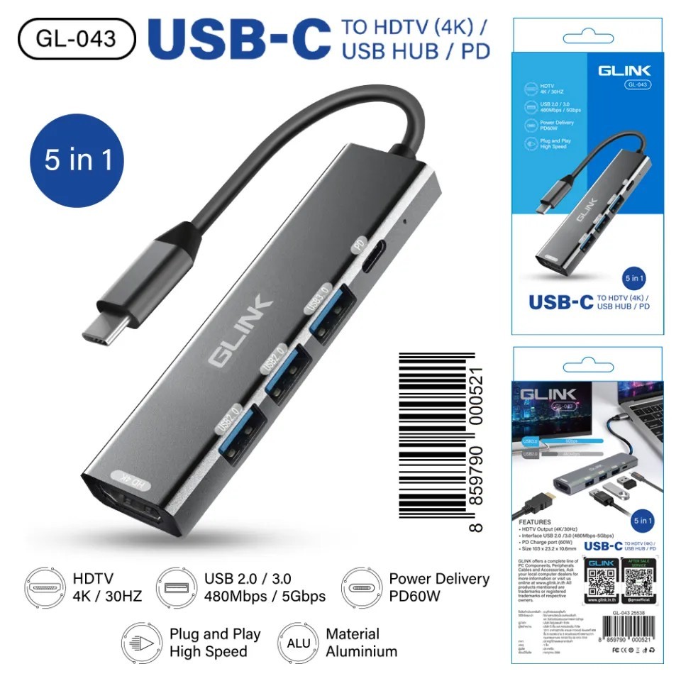 GL-043 Glink Adapter USB-C to HDMI 4K+PD 60W USB 3.0 1Port USB2.0 2Port CA-TC-GL-GL043