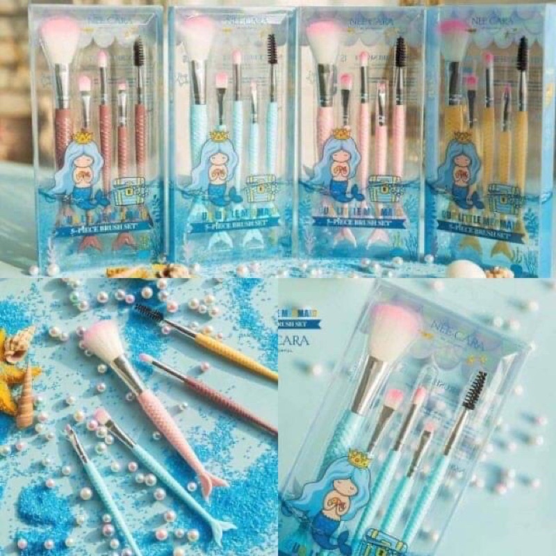 Nee Cara Our Little MerMair 5-Piece Brush Set #N688 แปรงแต่งหน้าเซ็ตชุดแปรงแต่งหน้า แพ็คเกจแปรงหางปลา 5 ชิ้น