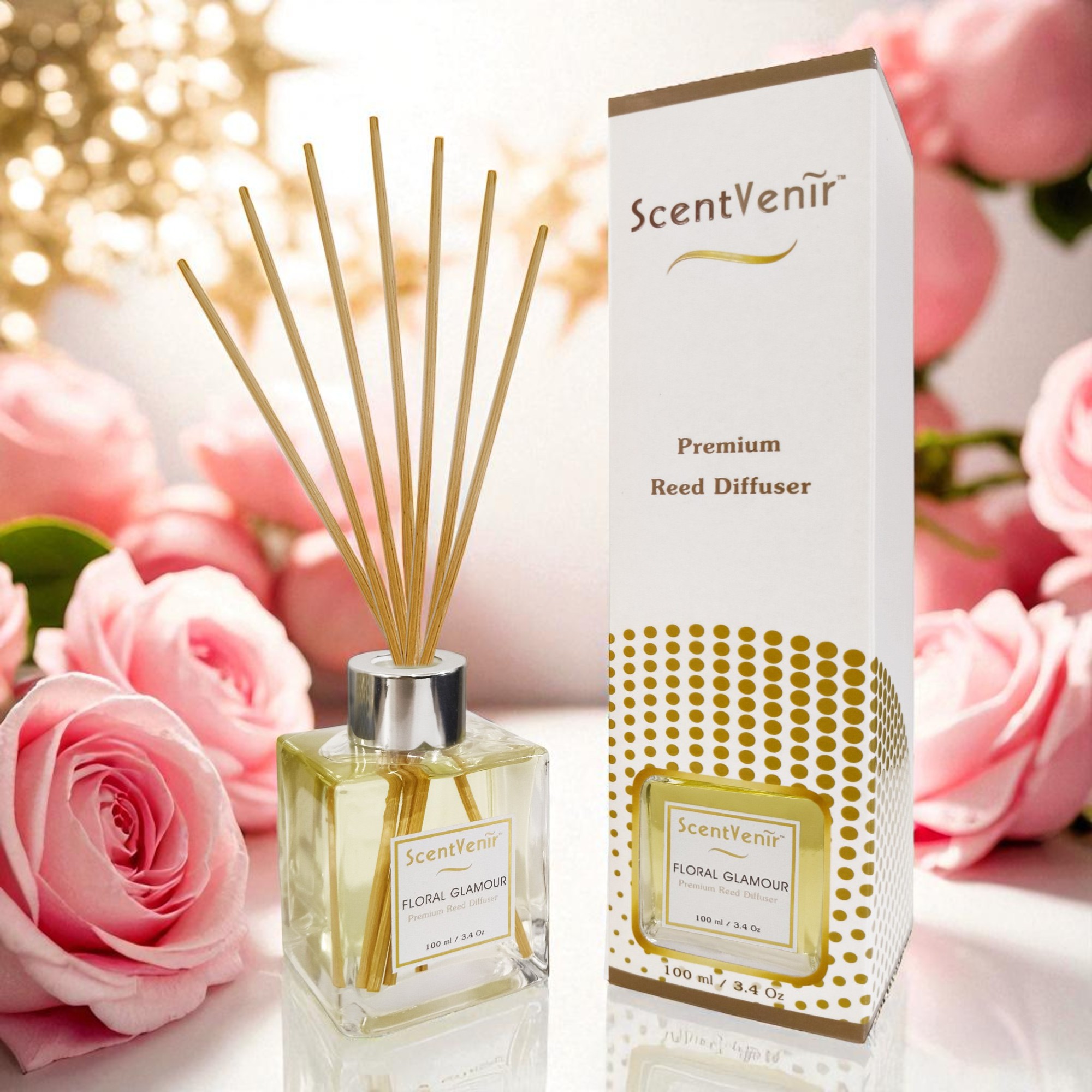 ScentVenir FLORAL GLAMOUR Scent Diffuser น้ำหอมกระจายกลิ่น น้ำหอมปรับอากาศ ไม้หวาย ก้านไม้ ก้านหวาย ก้านไม้หอม กลิ่น ฟลอรัล กลามัวร์ สัมผัสกับกลิ่นแห่งหมู่มวลดอกไม้ หอมหวาน สดชื่น อโรม่า สูตรน้ำมันหอมระเหยแท้กับหัวน้ำหอมเกรดสูง ขนาด 100ml ใช้นาน 5 เดือน