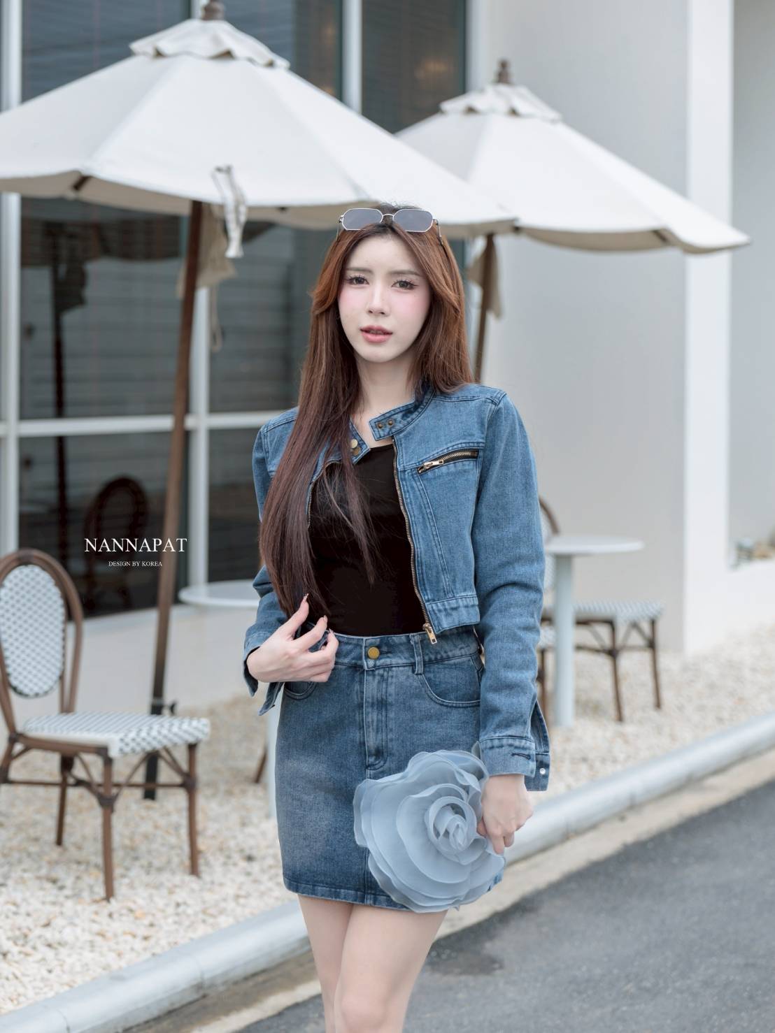 ชุดเซท ป้าย NANNAPAT (NP) 🎗️ CONCEP เสื้อคลุมผ้ายีนส์แท้ฟอกสีอย่างสวย ดีไซน์เก๋ +เสื้อกล้ามผ้ายืดนุ่ม +กระโปรงยีนส์เอวสับทรงสวย