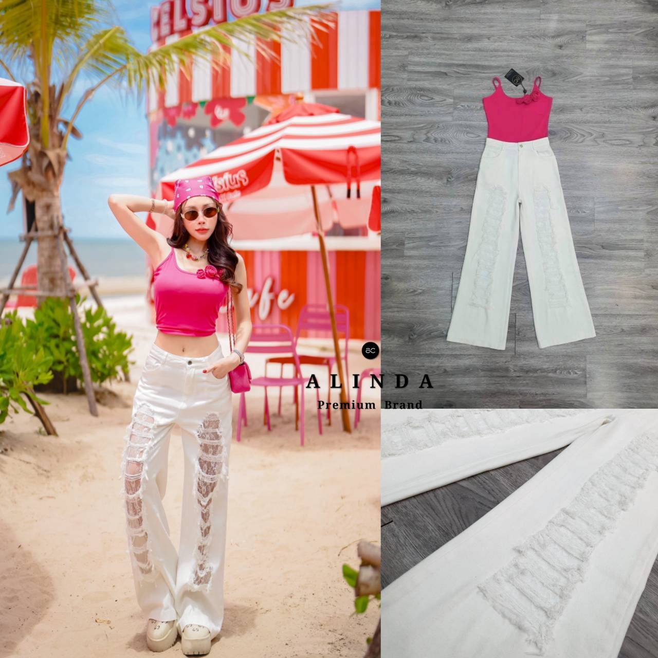 ชุดเซ็ทสุดจึ้ง ลงสปอยล์จนแชทแตกมาแล้ว ชุดนี้ตัวเสื้อเป็นเสื้อสายเดี่ยวสีชมพูเนื้อนิ่ม ยืดหยุ่นเข้ารูปดี มีเข็มกลัดเป็นดอกไม้ให้ 3 ชิ้นจะติดหรือไม่ติดก็สวยค่ะ มาพร้อมกับกางเกงยีนส์สีขาว แต่งลายขาดด้านหน้า #งานป้าย #alinda #ชุดเซ็ท #งานป้ายอลินดา #งานป้ายal