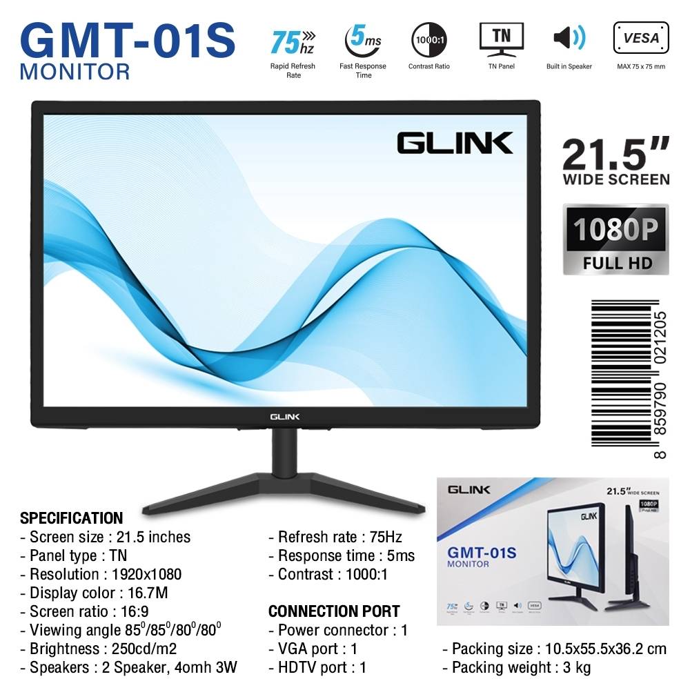 GMT-01 GLINK MONITOR 21.5" WIDE SCREEN 1080P FULL HD SKU-02898