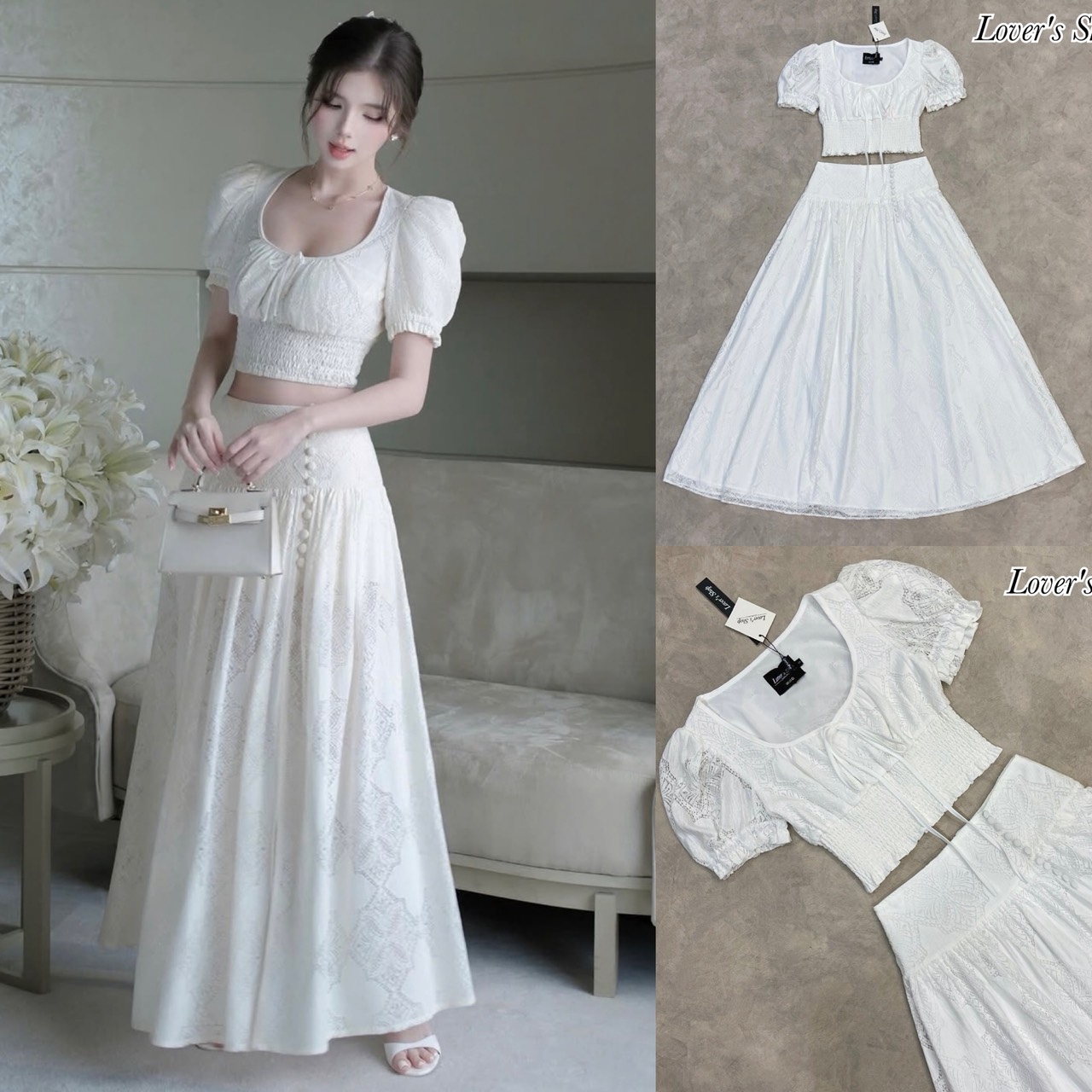 Teg : Lover’s Shop Detail : Set2ชิ้น ผ้าลูกไม้เนื้อนุ่ม ฉลุลาย สวย น่ารัก หวานซ่อนเปรี้ยว ดีเทลทรงเสื้อแขนตุ๊กตา ชายเสื้อมีสม็อคยืดได้ตามตัวค่ะ ความยาวเสื้อกำลังดีเอวไม่ลอยนะคะ มีซับใน มาพร้อมกับกระโปรงทรงเจ้าหญิง งานซิบหลัง ขอบเอวเรียบ