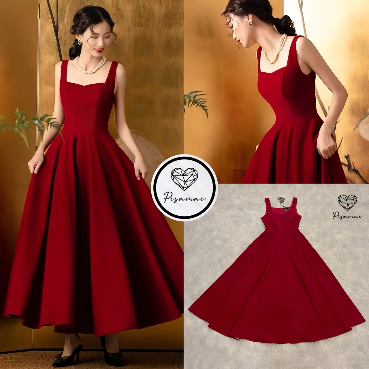 เซ็ตแขนกุดสีแดงตัวยาวบาน เนื้อผ้าสูทอัดกาวอย่างดี หนาเป็นวอลลุ่มใส่สวยมากค่า ถ่ายรูปดีมากเลยค่ารุ่นนี้ ปังปุริเย้แน่นอนค่า ห้ามพลาดเลย