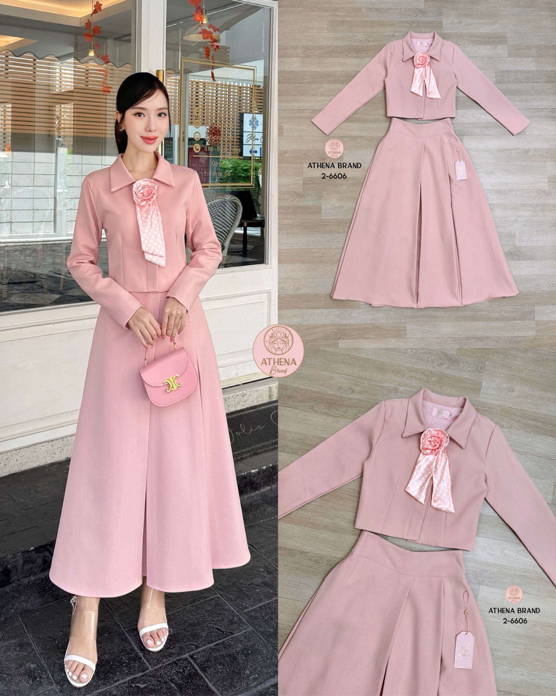 Tag 🔖 :Athena (อธีน่า) Brand Detail :: เสื้อ+กระโปรง+เข็มกลัดดอกไม้ Set 3 ชิ้น เสื้อสูทแขนยาวคอปกดีไซน์ด้านหน้าแต่งกระดุมเรียงสามารถแกะใช้งานได้จริง ตกแต่งเข็มกลัดดอกไม้(สามารถถอดออกได้)ช่วงไหล่เสริมฟองน้ำให้ดูสง่า แมตช์มาคู่กับกระโปรง มีกระเป๋าใช