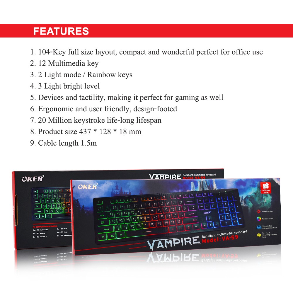 OKER VA-59 OKER VAMPIRE KEYBOARD USB MULI BACKLIGHT VA59 KB-UB-OK-VA59BK