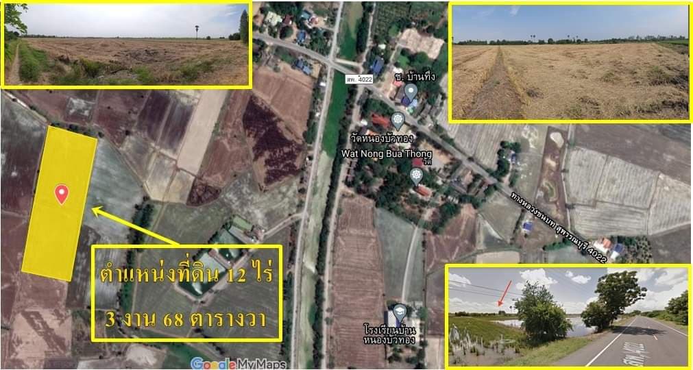 ขายที่ดิน อ.สามชุก จ.สุพรรณบุรี 12 ไร่ 3 งาน 68 ตรว. ใกล้ถนนหลวงชนบทสุพรรณบุรี (4022) 200 ม.เหมาะแก่การทำการเกษตรบรรยากาศดีเดินทางสะดวกใกล้โรงเรียนบ้านหนองบัวทอง 600 เมตร