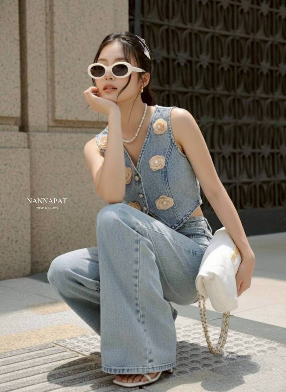 เซ็ทนี้สวยทั้งเสื้อ ทั้งกางเกง ผ้ายีนส์คือที่สุดแล้วค่าา ต้องได้สัมผัสแล้วจะรู้ ชอบความแต่งดอกไม้ของเสื้อ ทำให้ดูมีอะไรมากขึ้น ดูลัคชูมากขึ้น ตัวดอกไม้ถอดได้นะคะ แล้วดูทรงกางเกง คือสวยมาก สวยตาแตก ใส่ไปไหน ใครก็ต้องเหลียว สาวสายยีนส์ ไม่ได้ชุดนี้คือพลาดมา