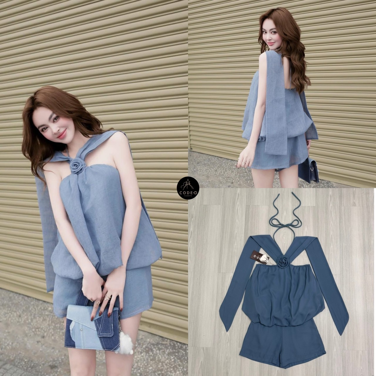 Set 2 ชิ้นสีครามผ้าชีฟองเนี้อทราย ตัวเสื้อแขนกุดสายคล้องคอผูกโบว์และสายคาดไหล่ระบาย อกแต่งอะไหล่เข็มกลัดดอกไม้ ตัวเสื้อจับจีบคลาย ๆ ทรงทวย ตัวเสื้อเป็นทรงฟักทอง (สม็อคจั้มเอว)ดีไซน์เว้าหลัง สวมใส่ง่าย มาพร้อมกับกางเกงขาสั้น (ซิปหลัง) เนื้อผ้าชีฟองนี้ทรายอ