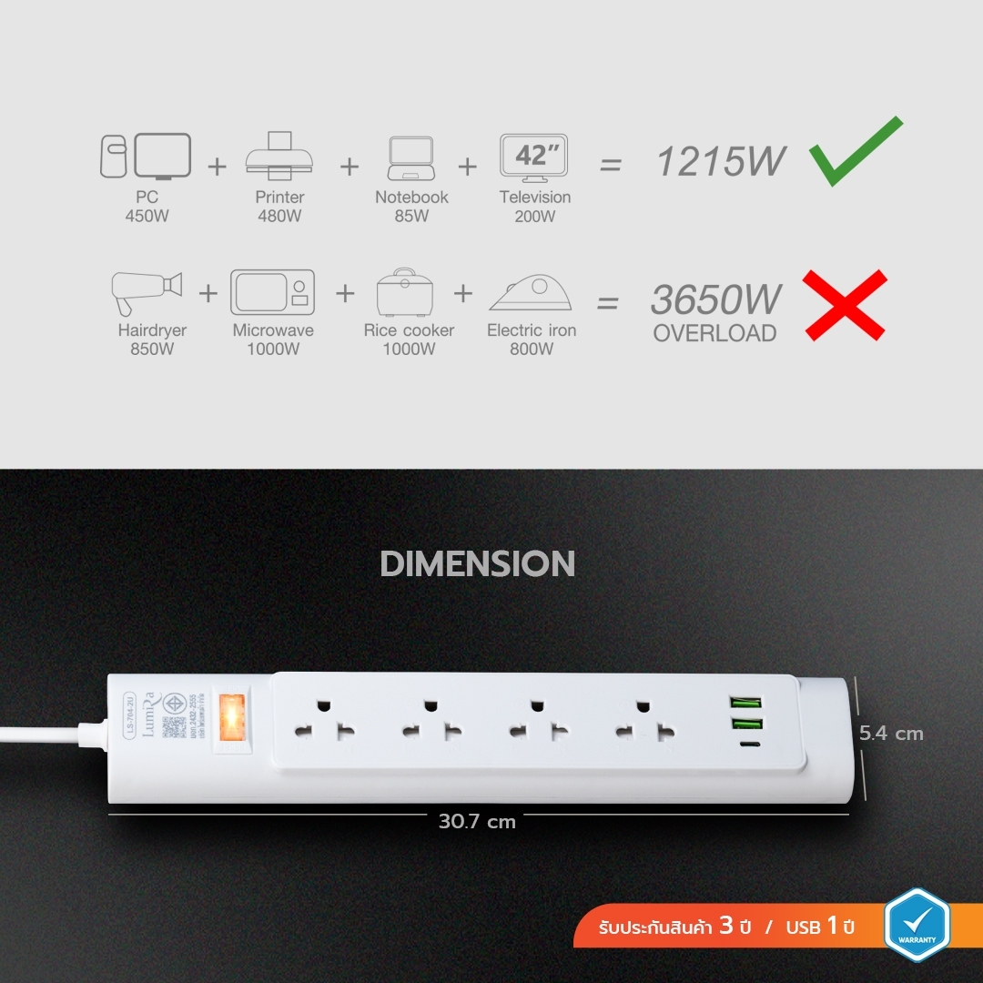 LUMIRA LS-704-2USB / 3M. LUMIRA ปลั๊กไฟ1สวิทย์ 4เต้าเสียบ 2 USB+1TYPE-C PG-LR-03-L704