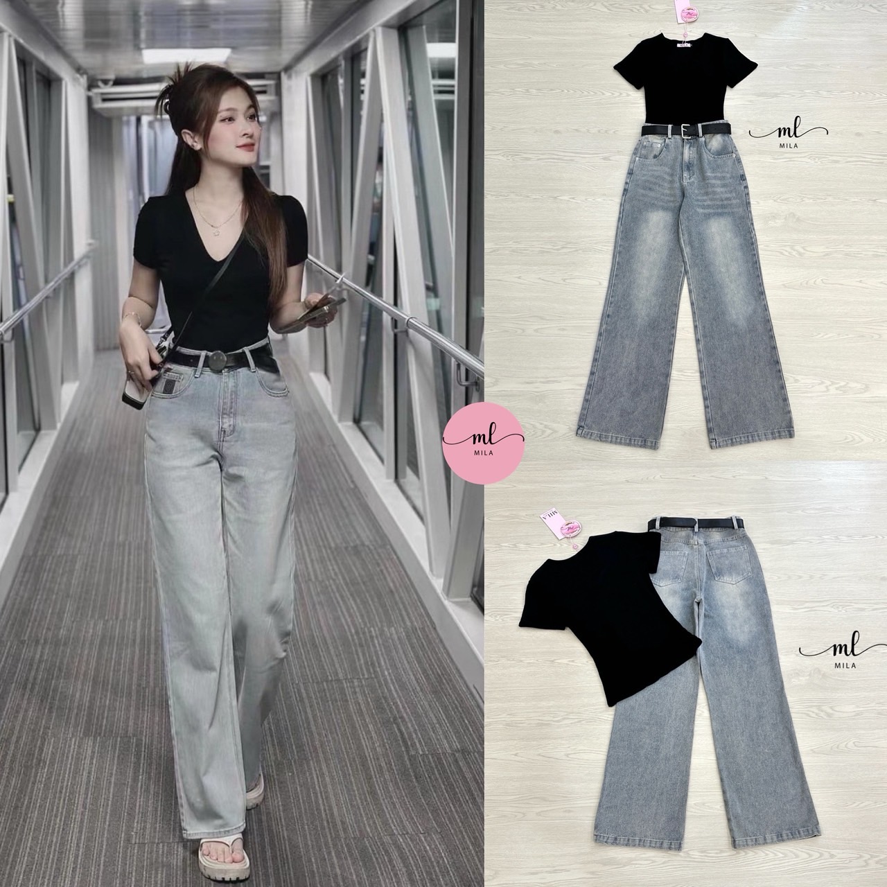 Set 3 ชิ้นลุคคุณหนูสายชิค เสื้อยืดคอวีผ้านุ่มเด้ง สีดำ (มีฟองน้ำ) ใส่แล้วผิวดูผ่อง เนื้อผ้ายืดหยุ่นพอดีตัว ไม่ย้วยง่าย แมตช์กับกางเกงยีนส์สีอ่อนทรงกระบอกใหญ่ มีกระเป๋าล้วงทั้งสองข้าง
