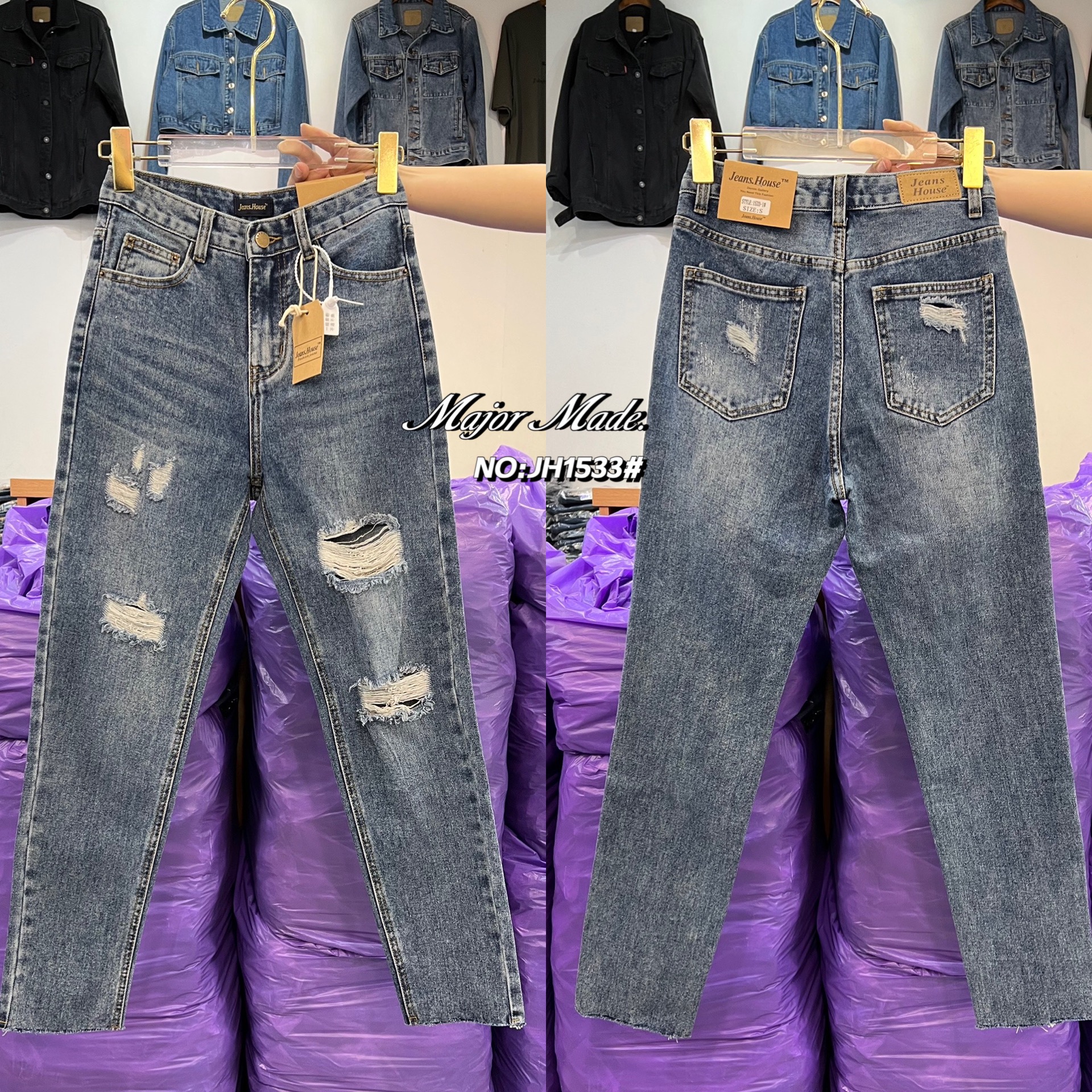 No.JH1533# -High-waist boyfriend jeans 🇰🇷🇰🇷 กางเกงยีนส์ทรงบอยสีฟอก เอวสูงงง แต่งขาดได้ลงตัวสวยเซอร์ๆตัวนี้ ผ้ายีนส์เนื้อนิ่มใส่สบาย (ผ้าไม่ยืด) แพทเทิร์นแป๊ะ ใส่เก็บพุงสวยดูมีเชฟ