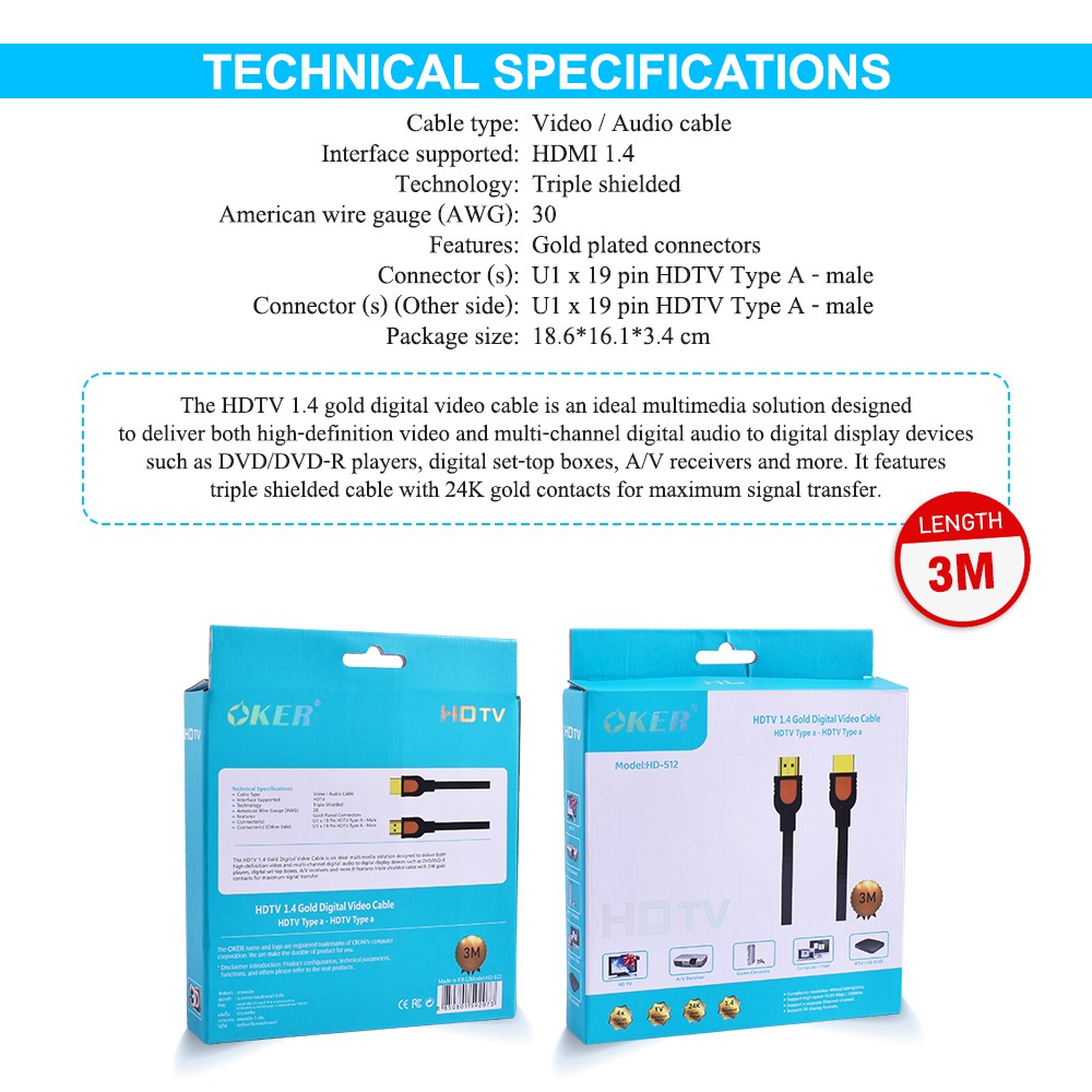 OKER HD-512 OKER 3M HDMI V.1.4 CABLE 3D/1080P CA-HM-HM-03M13