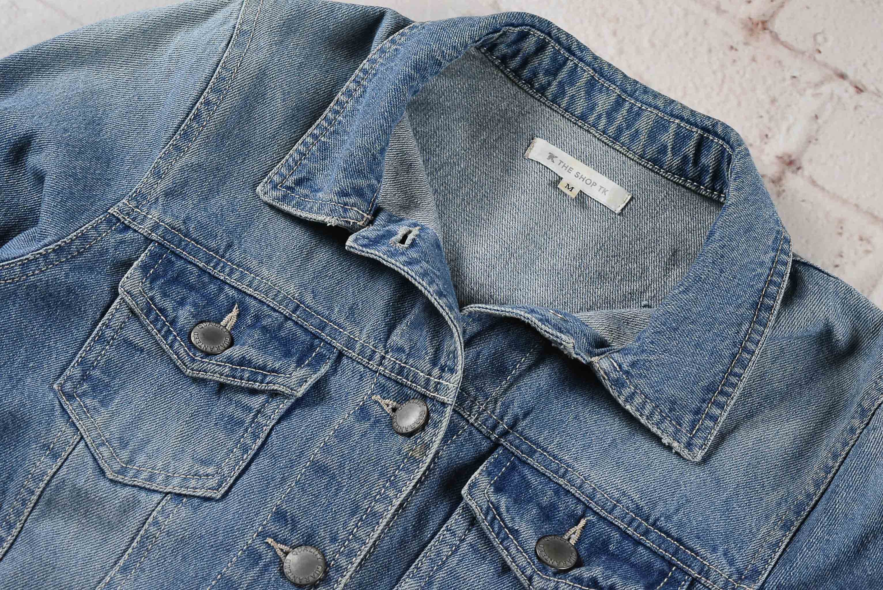 THE SHOP TK อกจริง 35 ไซส์ S เสื้อแจ็คเก็ตยีนส์ แขนยาว ผู้หญิง สีฟอก ทรงสวย เนื้อผ้านุ่มใส่สบาย คลุมกันแดด