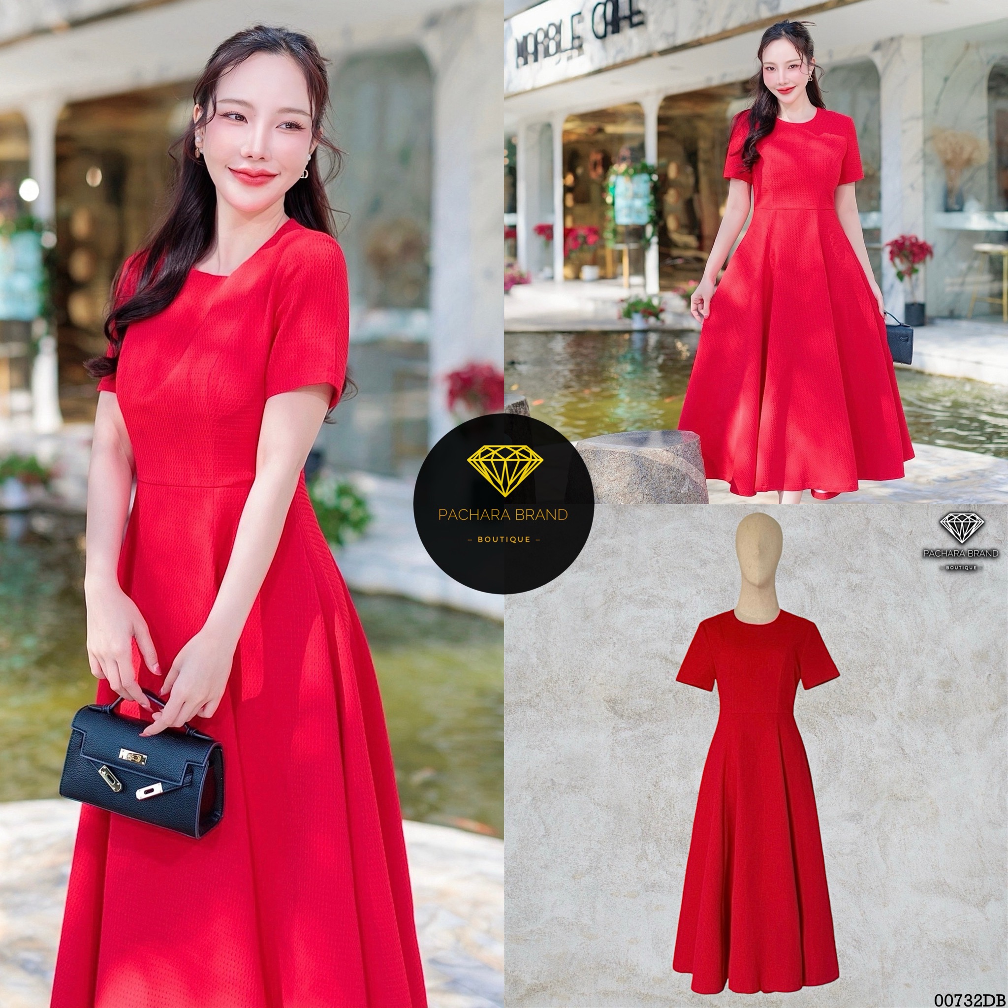 เดรสยาวคอกลมแขนสั้นสีแดง ช่วงเอวตีเกร็ดเข้ารูป ชายกระโปรงบานเป็นทรงสวยมาก เนื้อผ้าหนามีเท็กเจอร์ทอลายนูนสวย งานซิปด้านหลัง มีซับในอัดกาวอย่างดี รุ่นนี้ใส่ชิลล์ถ่ายรูปสวยได้ทุกโอกาสเลยนะคะ #PACHARABRAND