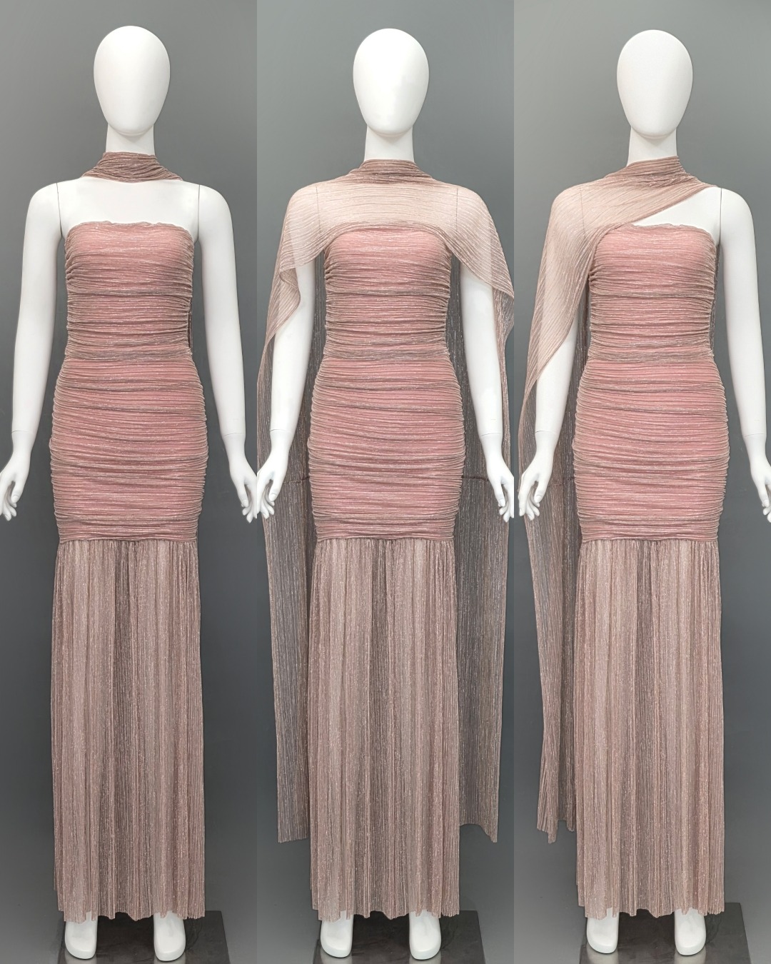 เดรสเสื้อเกาะอกทรงเข้ารูป กระโปรงต่อชายระบาย ผ่าหน้า มาพร้อมผ้า mmคลุมไหล่ ปรับเป็นผ้าพันคอได้ ☑️ทำจากผ้าราเม่อัดพลีท ผสมดิ้นเมทัลลิก เล่นแสงวิบวับ ผ้านุ่ม ยืดหยุ่น ☑️มีซิปซ่อนและซับในอย่างดี