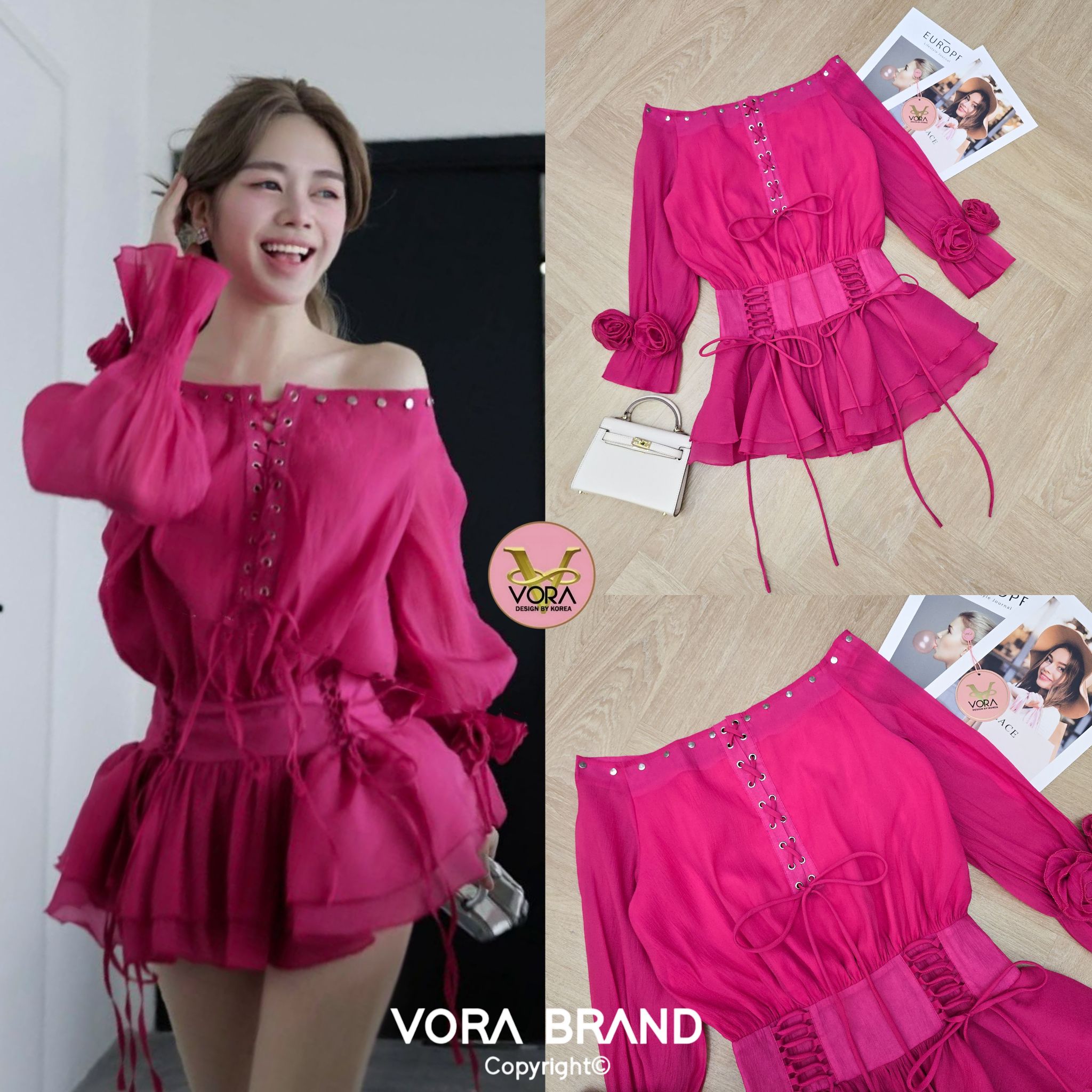 Dress สั้นปาดไหล่แขนยาวสม็อคบานปลายแขน แต่งเข็มกลัดดอกไม้ปลายแขน ช่วงไหล่แต่งตอกหมุด ด้านหน้าแต่งร้อยเชือกไขว้ผูกโบว์ เอวเข้ารุป แต่งร้อยเชือกด้านหน้า ช่วงกระโปรงจับจีบระบาย2ชั้น
