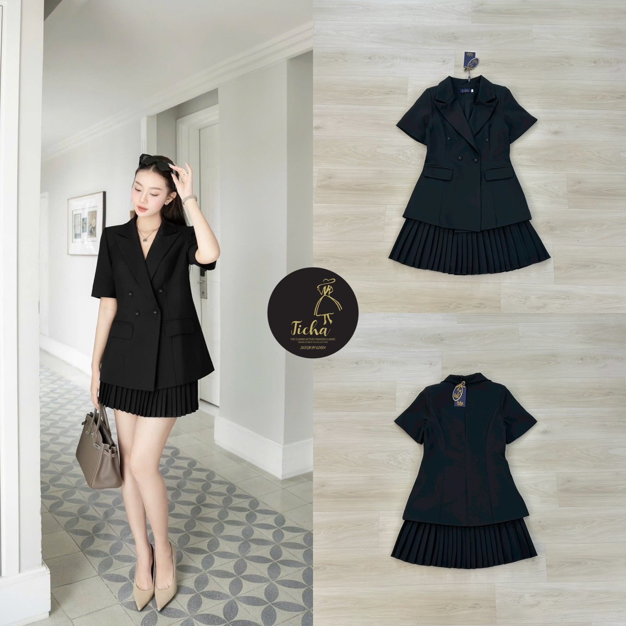 Set 2 ชิ้น เสื้อเบเซอร์สีดำแขนสั้น คอปก ดีเทลแต่งกระดุมหน้า ช่วงไหล่ทั้งสองข้างเสริมฟองน้ำมาอย่างดี กระเป๋าคู่หน้าใช้งานได้จริง แมทซ์กับกระโปรงสั้น อัดพีท มีชับใน ซิปข้าง ใส่ออกมาทรงสวย ลัคชู ขัดผิดอ่อร่าสุดๆ ห้ามพลาดนะคะ