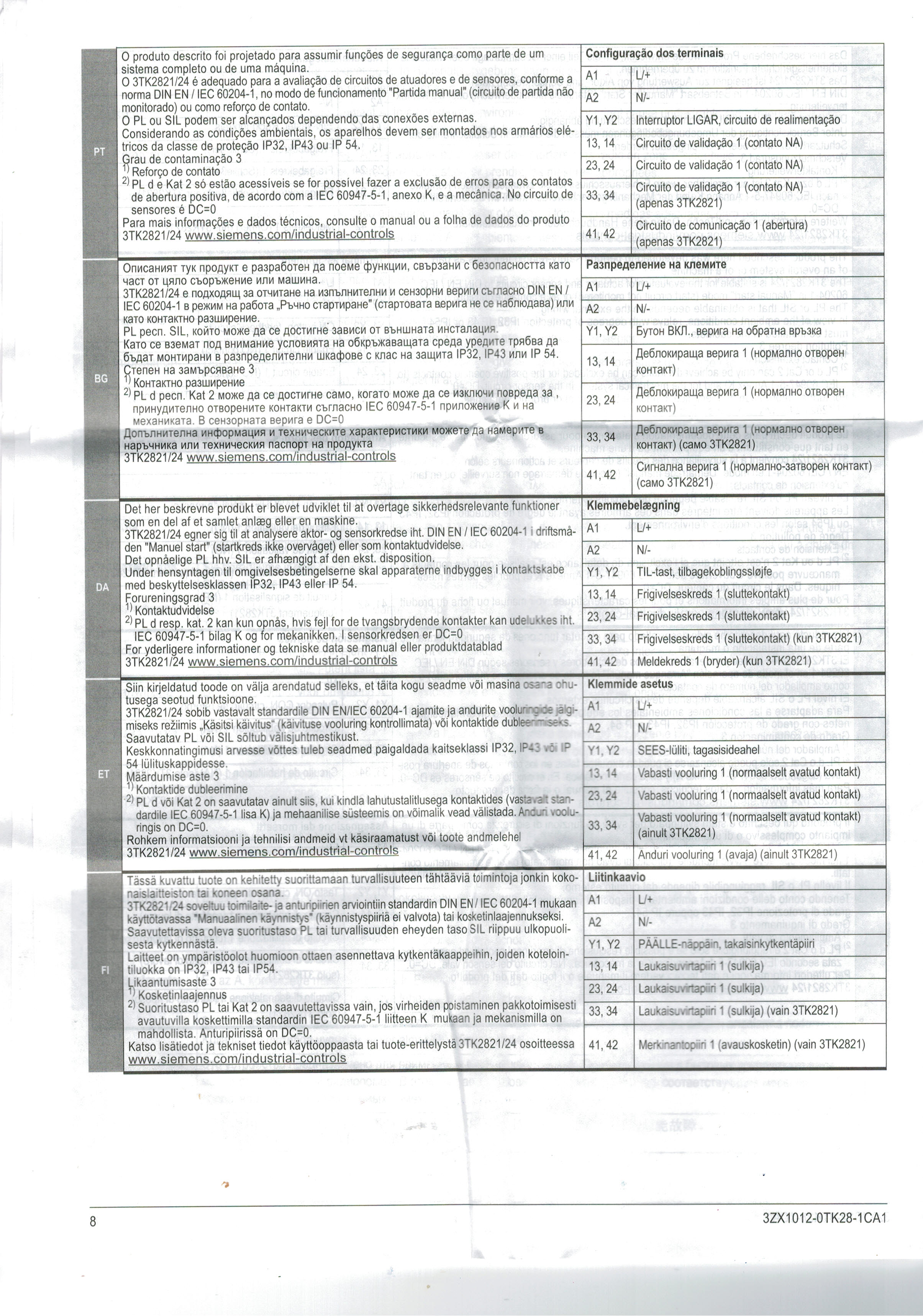 SIEMENS : 3TK2821-1CB30 SIRIUS safety relay with relay enabling circuits (EC) 24 V AC/DC, 22.5 mm Screw terminal EC instantaneous: 3 NO EC delayed: 0 NO SC: 1NC Autostart/manual start Basic device Maximum achieved SIL: 1, PL: c as expansion unit up to max