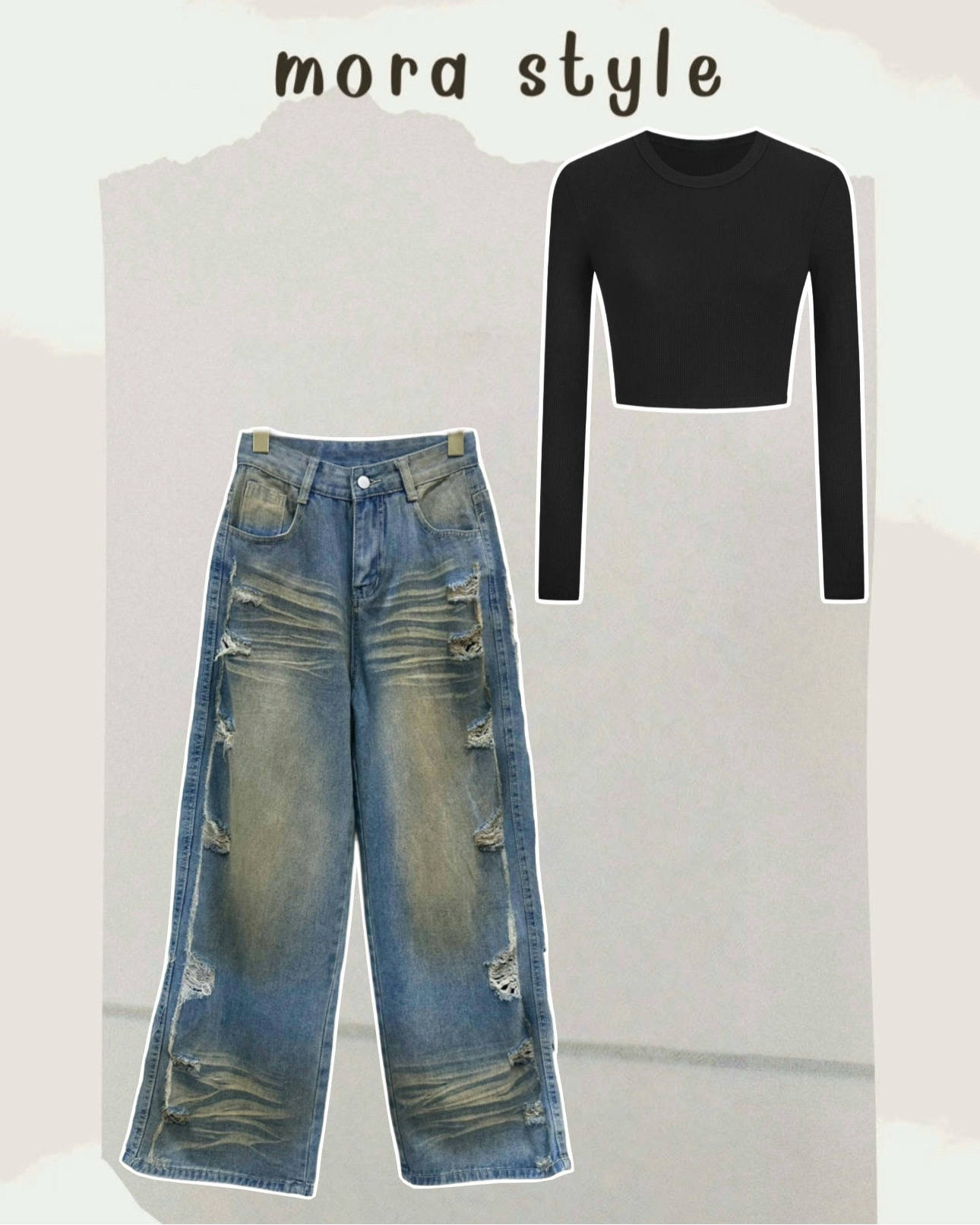 เซ็ต 2 ชิ้น เสื้อครอปแขนยาว ผ้ายืดหยุ่น งานสวยจึ้ง มาพร้อมกับกางเกงยีนส์เอวสูงขากระบอก ฟอกสี แต่งขาดด้านข้าง สายเท่ๆคูลๆแนะนำรุ่นนี้เลยค่าา