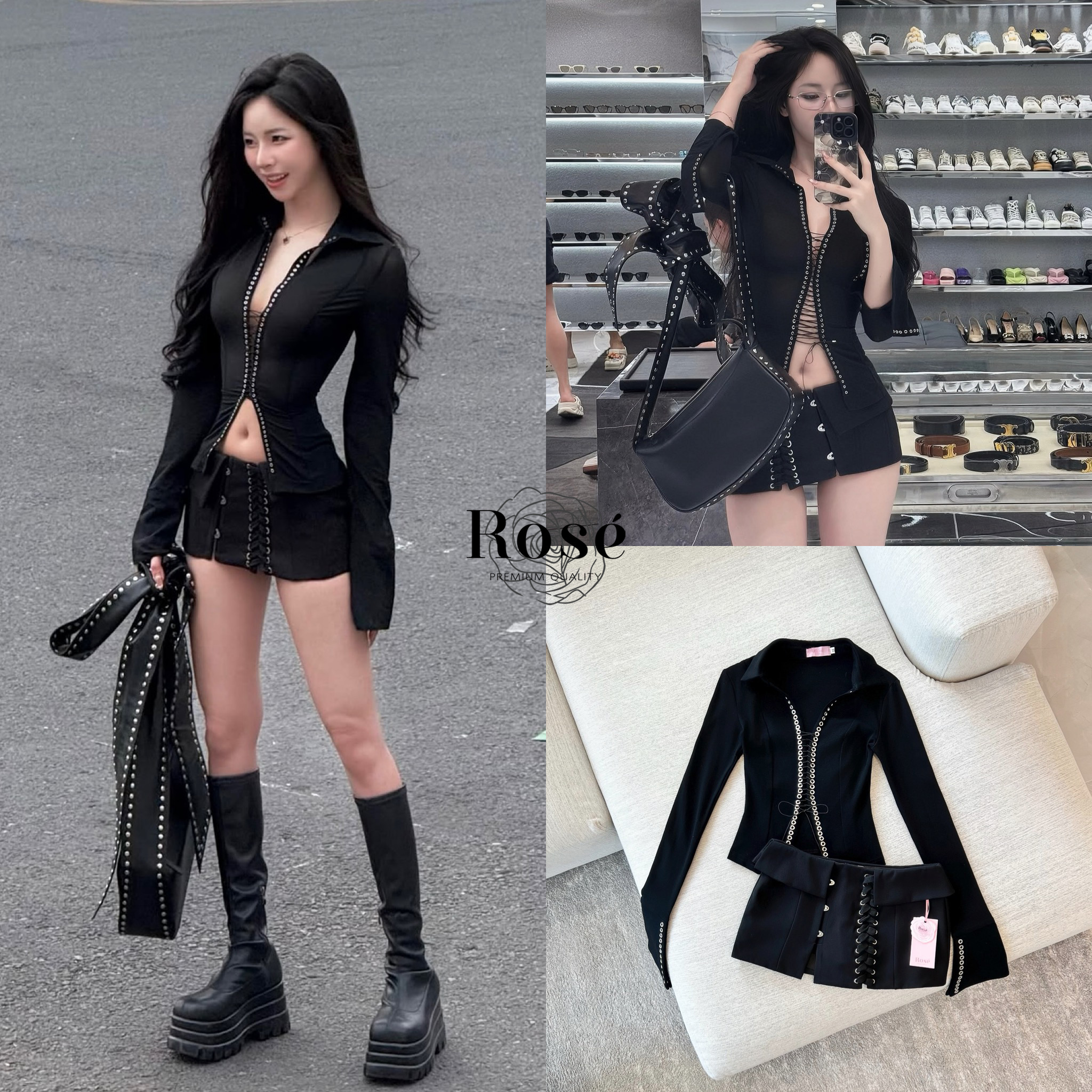 เสื้อผ้าชุดนี้มาในดีไซน์สไตล์เท่จัดจ้าน ตัวเสื้อทรงเข้ารูปมีดีเทลรูตาไก่ร้อยเชือกตรงกลางและปลายแขน เพิ่มความเปรี้ยวด้วยคัตเอาท์ช่วงเอวเล็กน้อย เข้าชุดกับกระโปรงมินิสเกิร์ตดีไซน์เอวต่ำที่ตกแต่งด้วยเชือกร้อยด้านหน้าและตาไก่ด้านข้าง