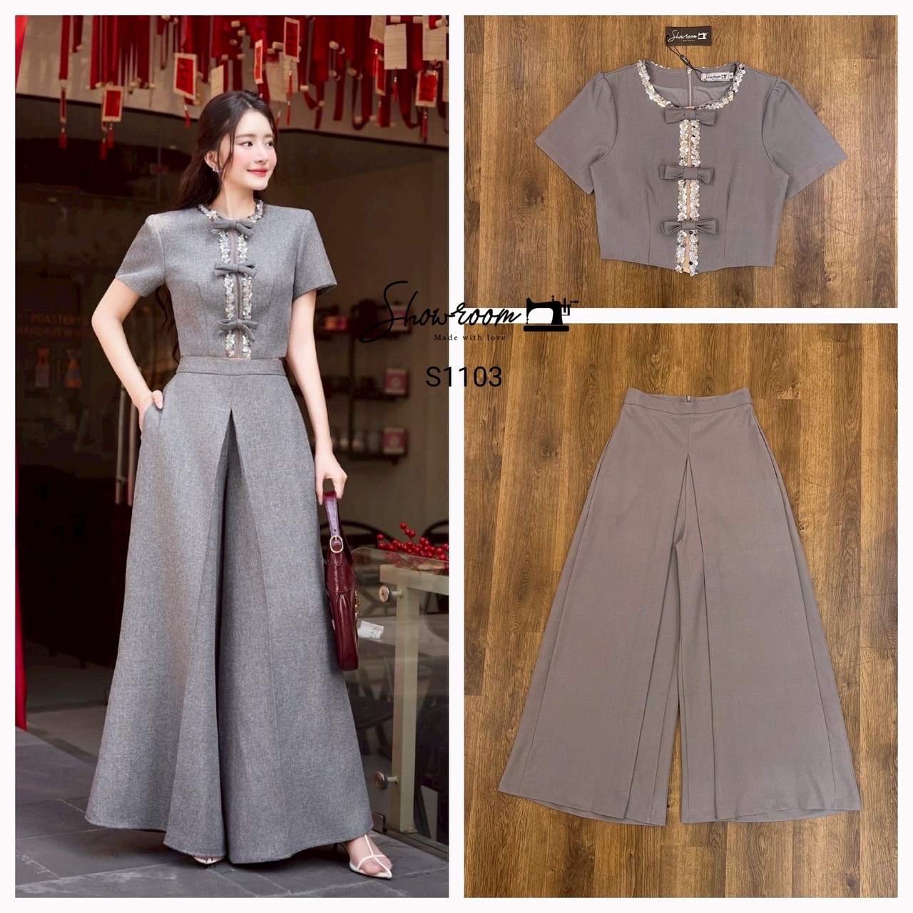 S1103 เซ็ตเสื้อ+กางเกง เล่นดีเทลเรียบเก๋ไม่ซ้ำใคร ตัวเสื้อแต่งเลื่อม ตัดต่อโบว์แบบ3D ที่ด้านหน้า ซิปหลัง ทรงหลวมๆ กางเกงขากว้างลูกเล่นเหมือนผ้าซ้อนกัน2ชั้น ใช้ผ้าเยอะมากค่ะ ใช้ผ้าอย่างดีในการตัดเย็บ บุซับ ผ้าทิ้งทรงสวย คอมพลีทลุคครบจบในชุดเดียว #showroomb