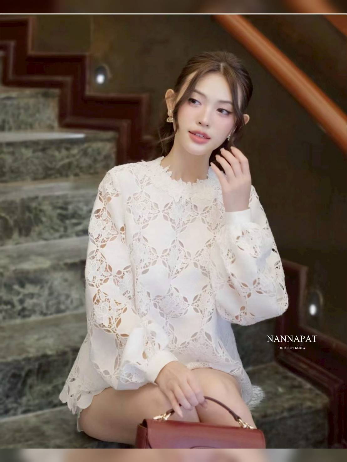 SET เสื้อผ้าลูกไม้ถักทอลายดอกอย่างดี +กางเกงขาสั้น